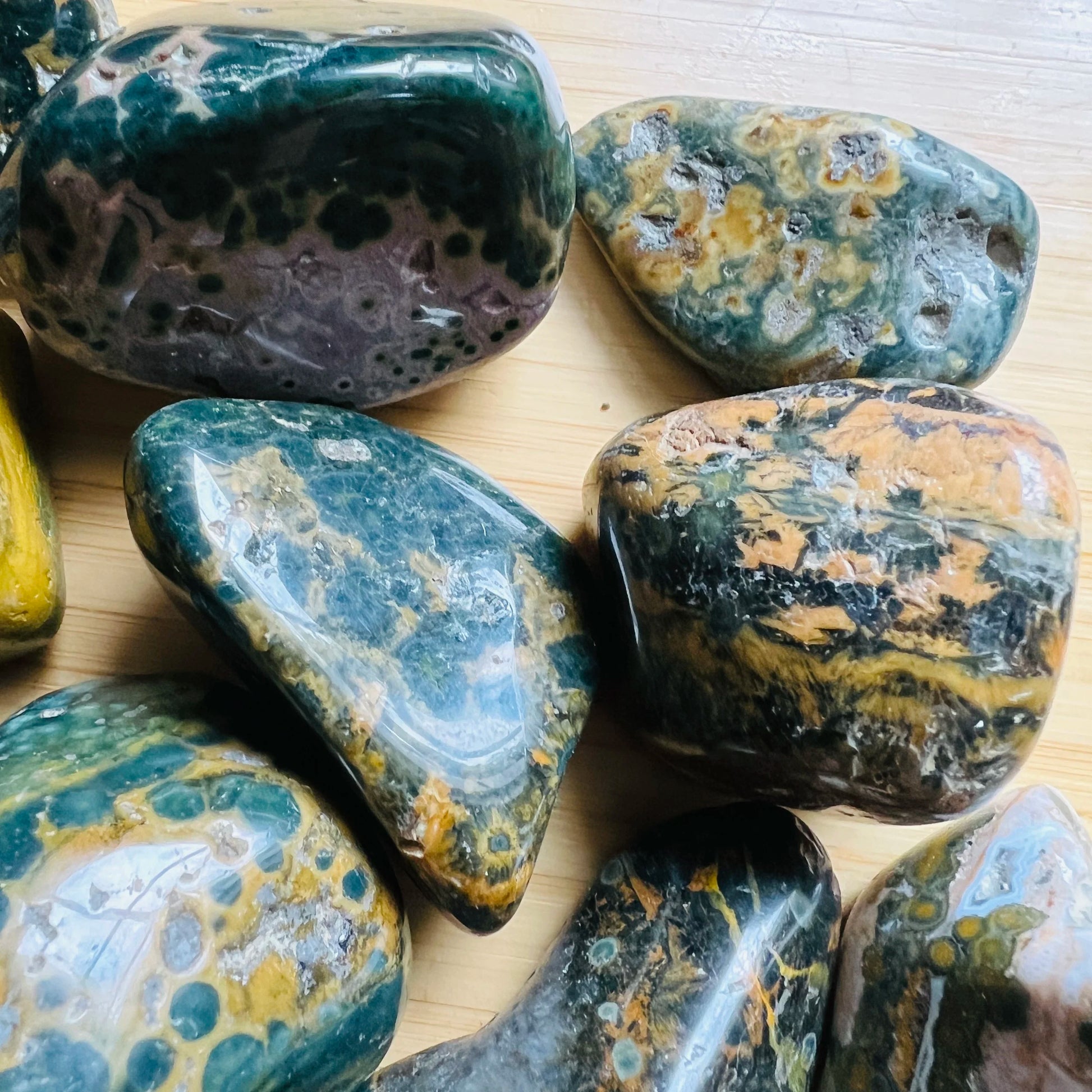 Ocean Jasper tumbled stone in Green, Pink tones from Madagascar for Emotional Healing and Stress Relief