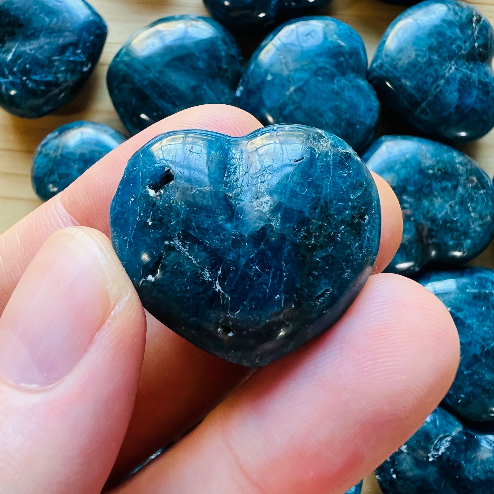 Detail shot of Grade AA Apatite heart under natural light