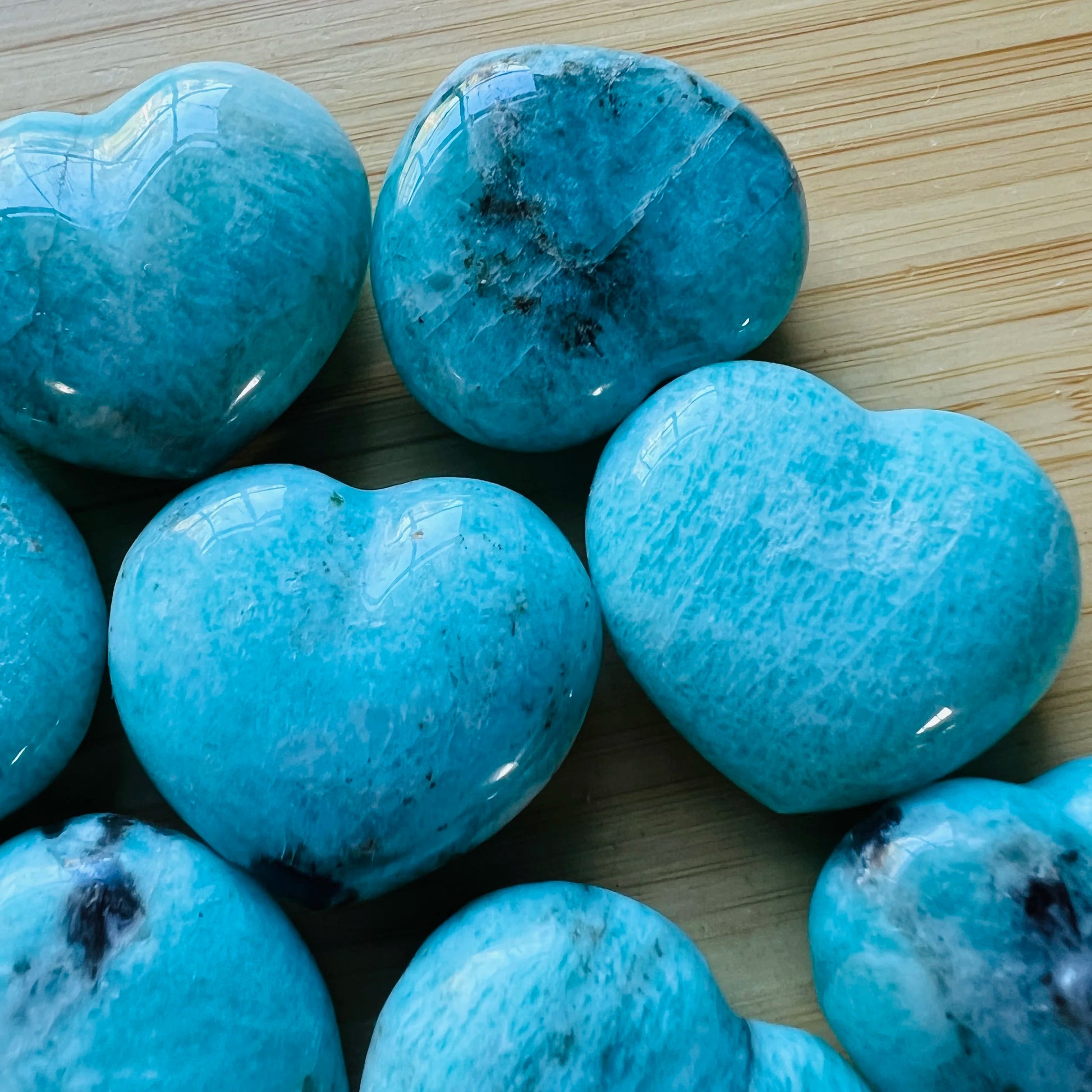 Underside detail of Amazonite polished heart, sourced from Amboasitra, Madagascar.
