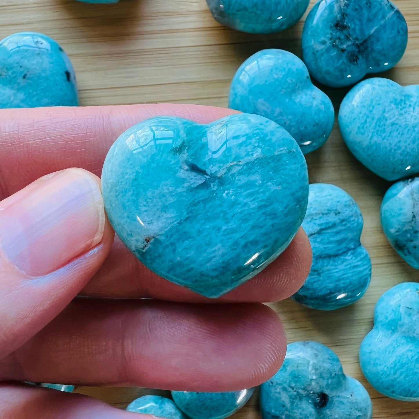 Detail shot of Grade AA Amazonite heart under natural light