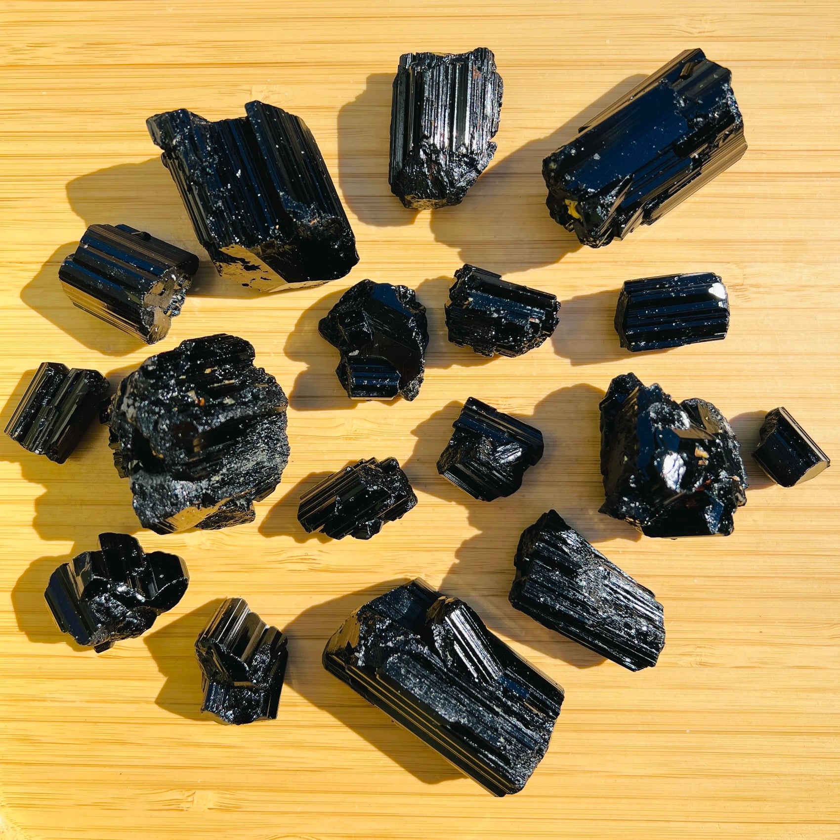 Close-up of Black Tourmaline raw crystal from Madagascar, soothing wellness stone for Stress Relief