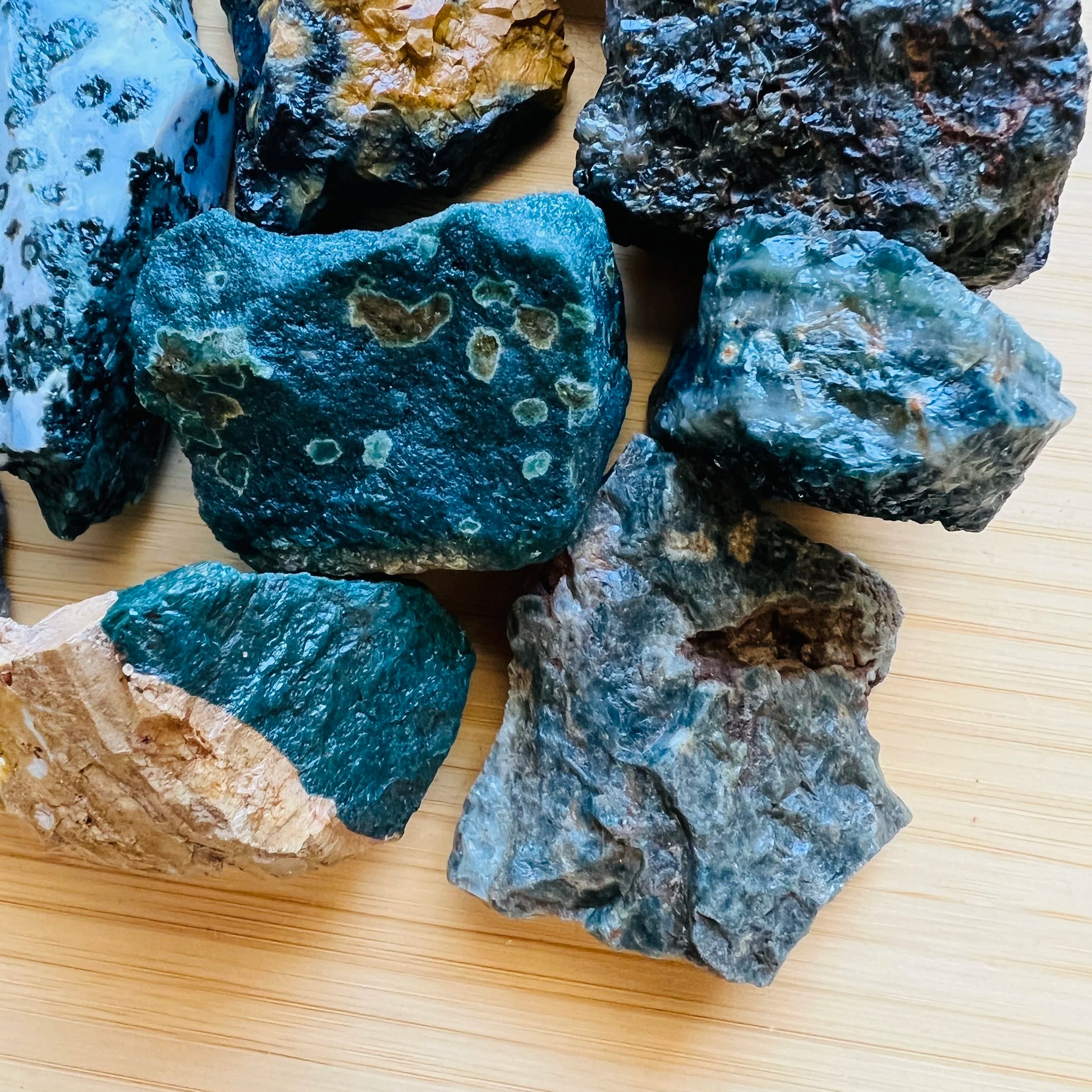 Close-up of Ocean Jasper raw stone from Madagascar, soothing wellness stone for Emotional Healing