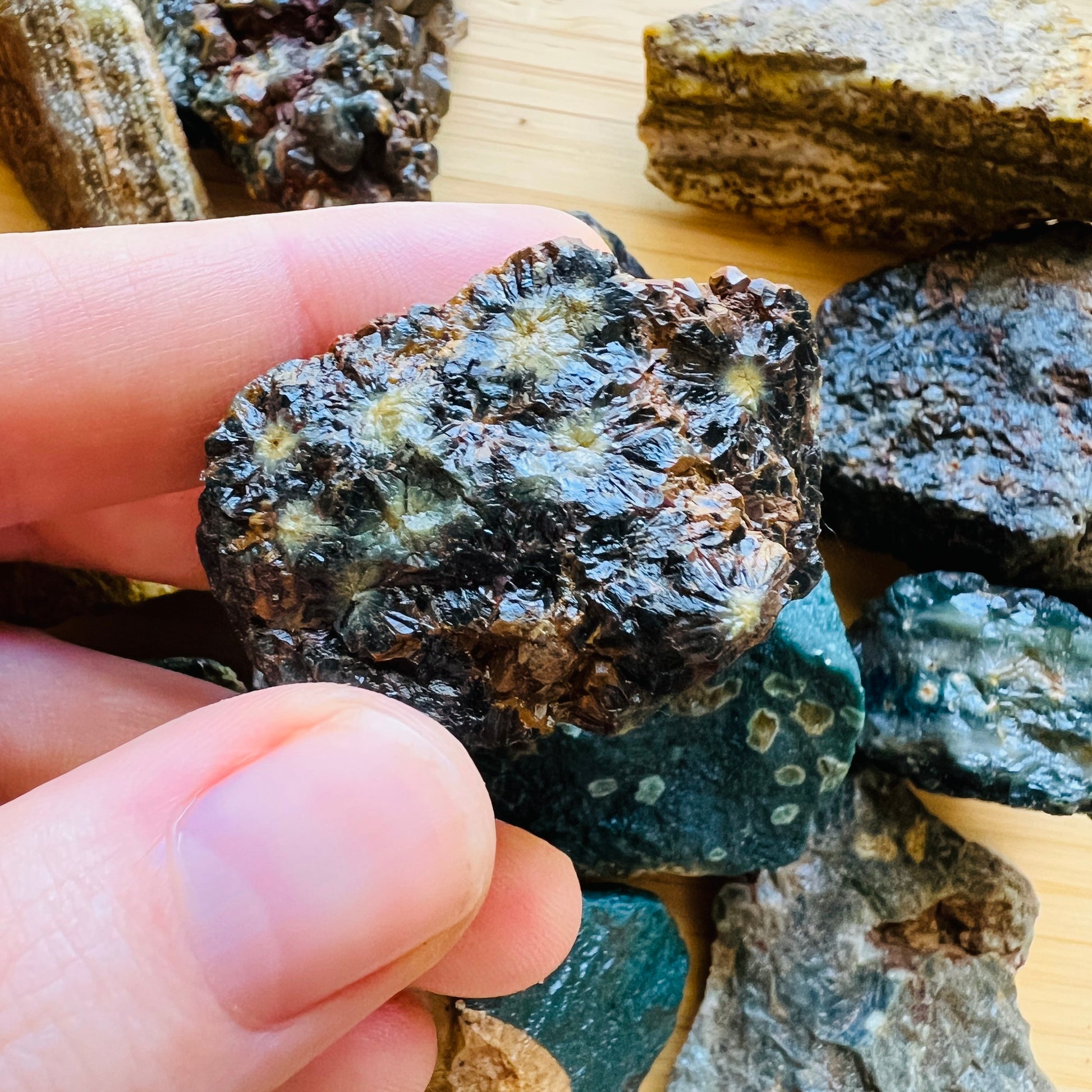 Close-up of Ocean Jasper raw stone from Madagascar, soothing wellness stone for Emotional Healing