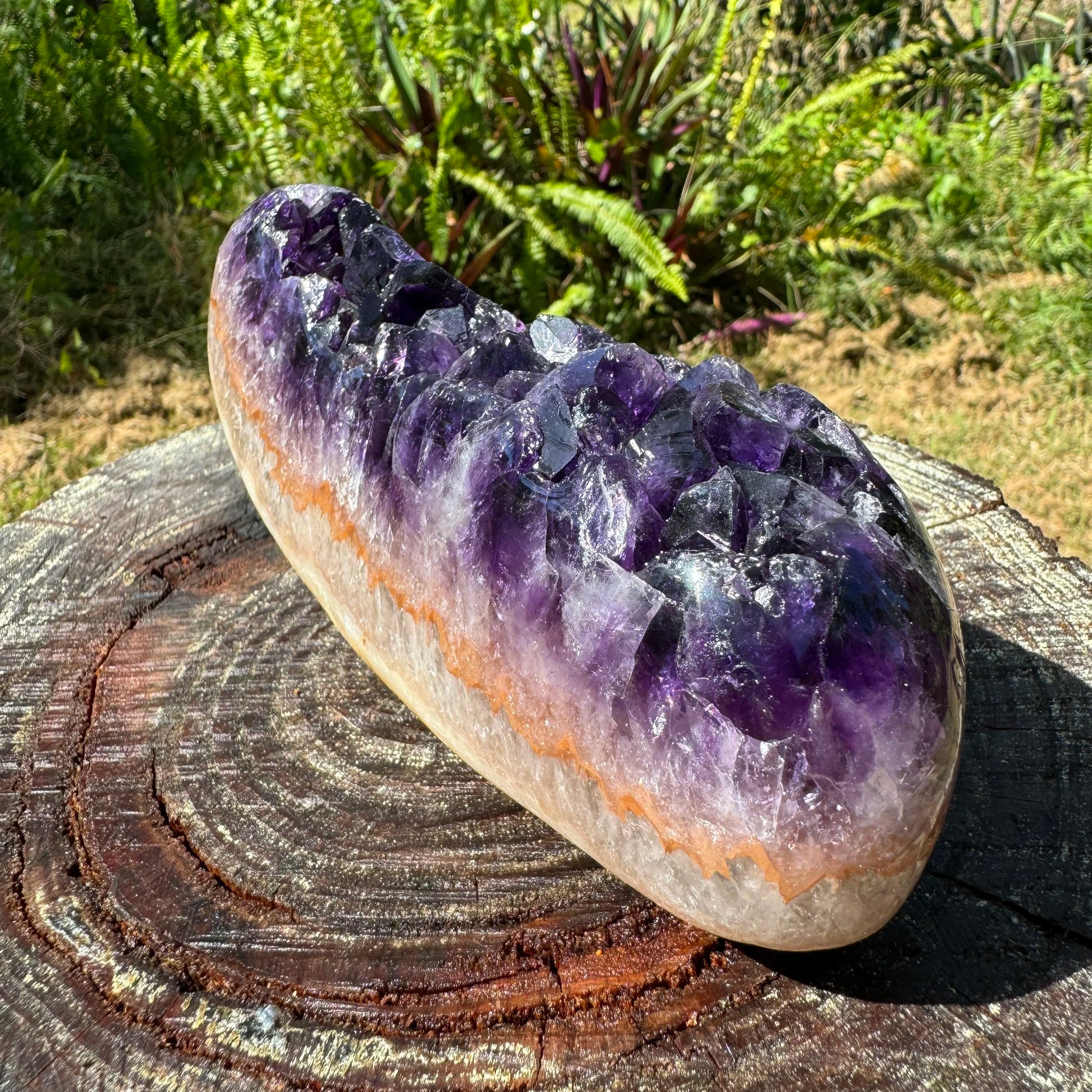 Profile view of purple Amethyst raw geode, showing natural variation, worked with for Stress Relief.