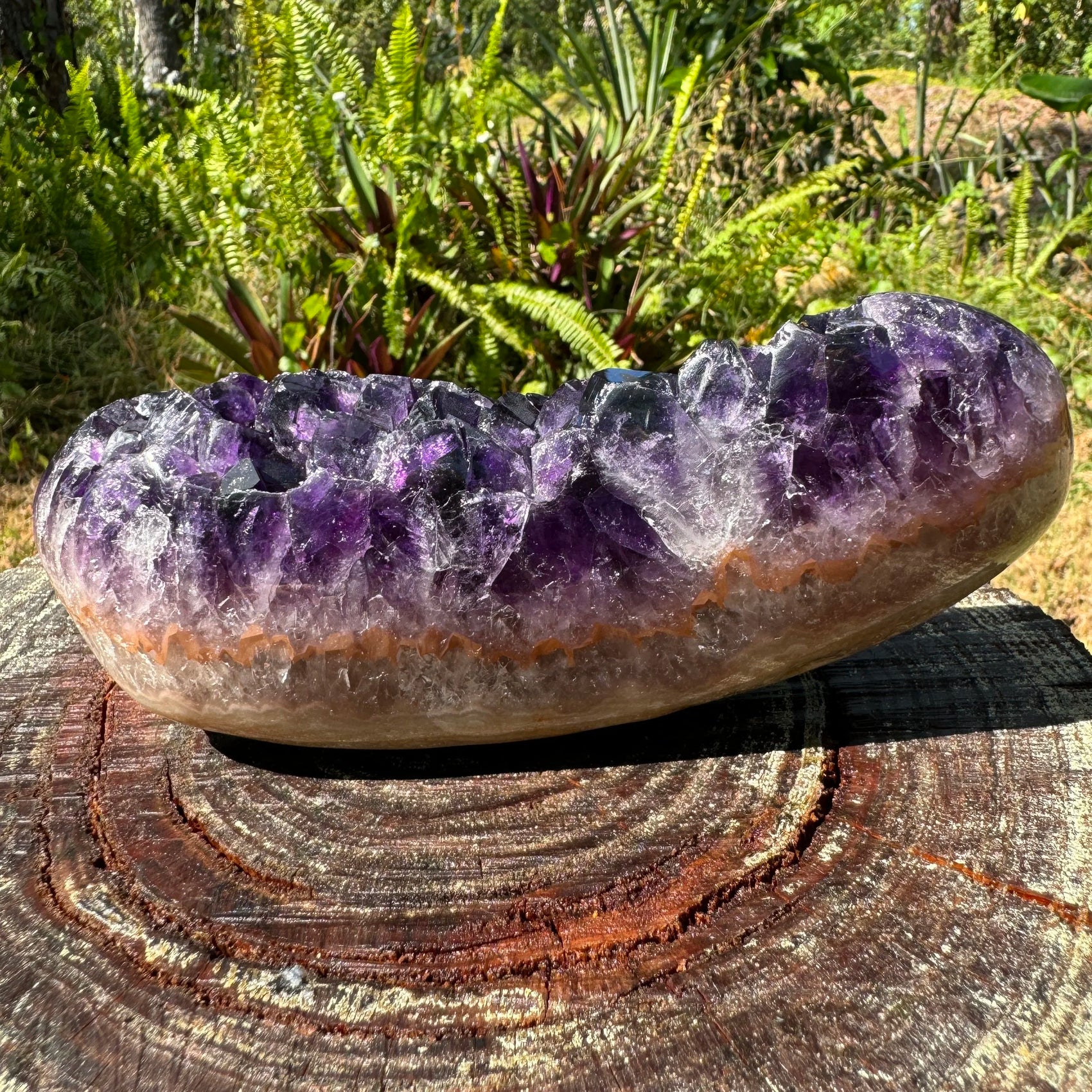 Underside detail of Grade AAA Amethyst raw geode, sourced from Artigas, Uruguay, linked to Stress Relief and Sleep.