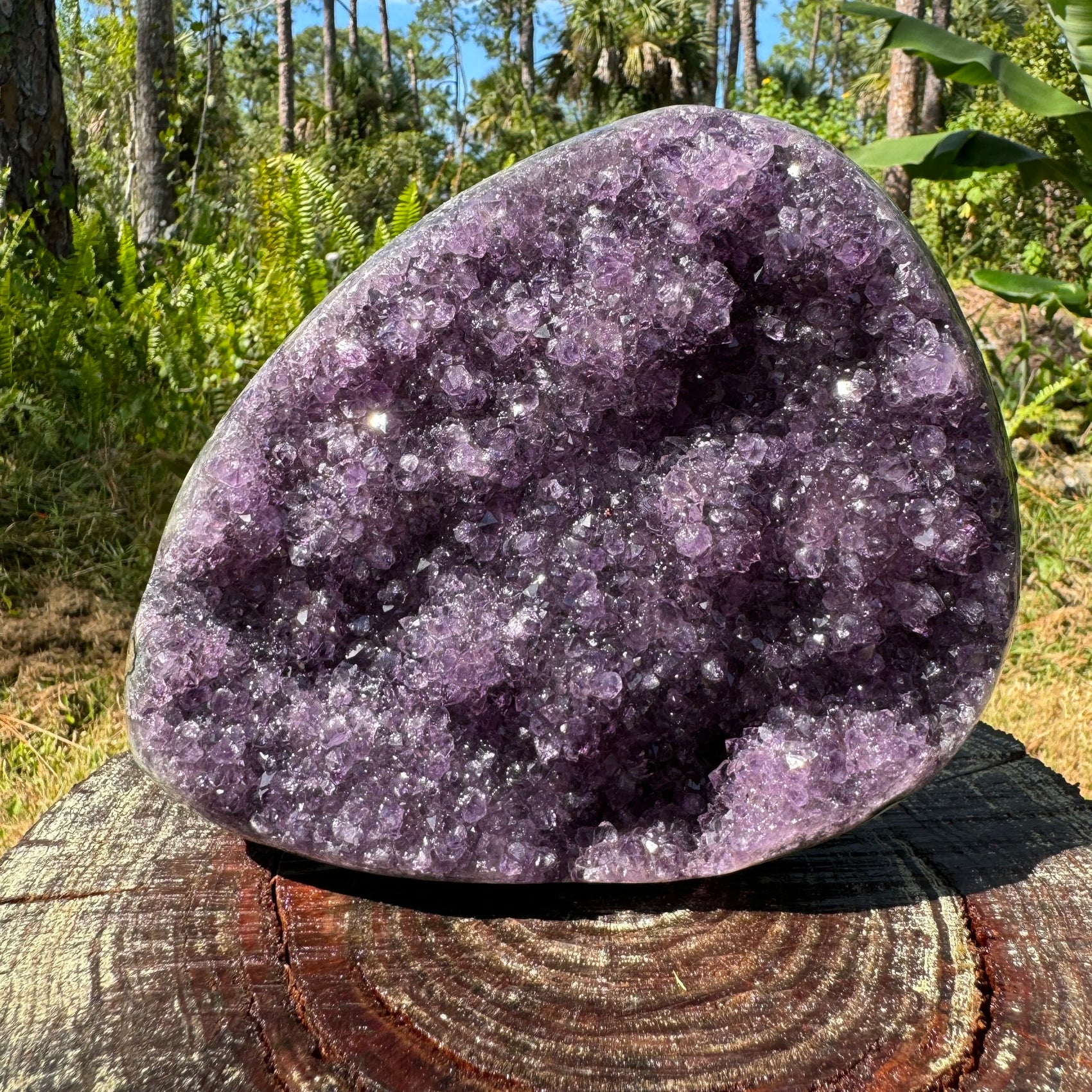Near view of purple Amethyst raw geode, from Uruguay, showing subtle veining.