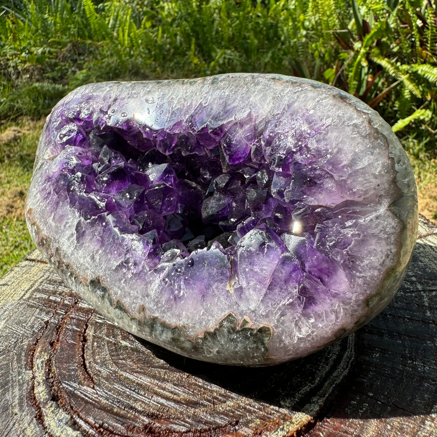 Top-side view of Amethyst raw geode, showing natural patina, traditionally used for Stress Relief and Sleep.