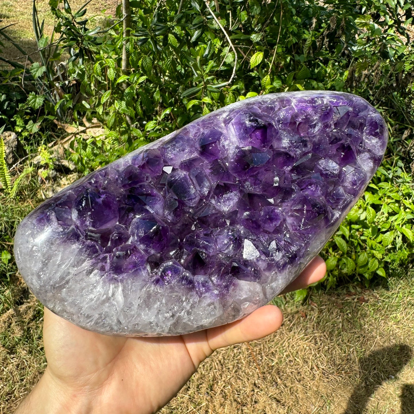 Grade aaa amethyst geode held in hand for size reference