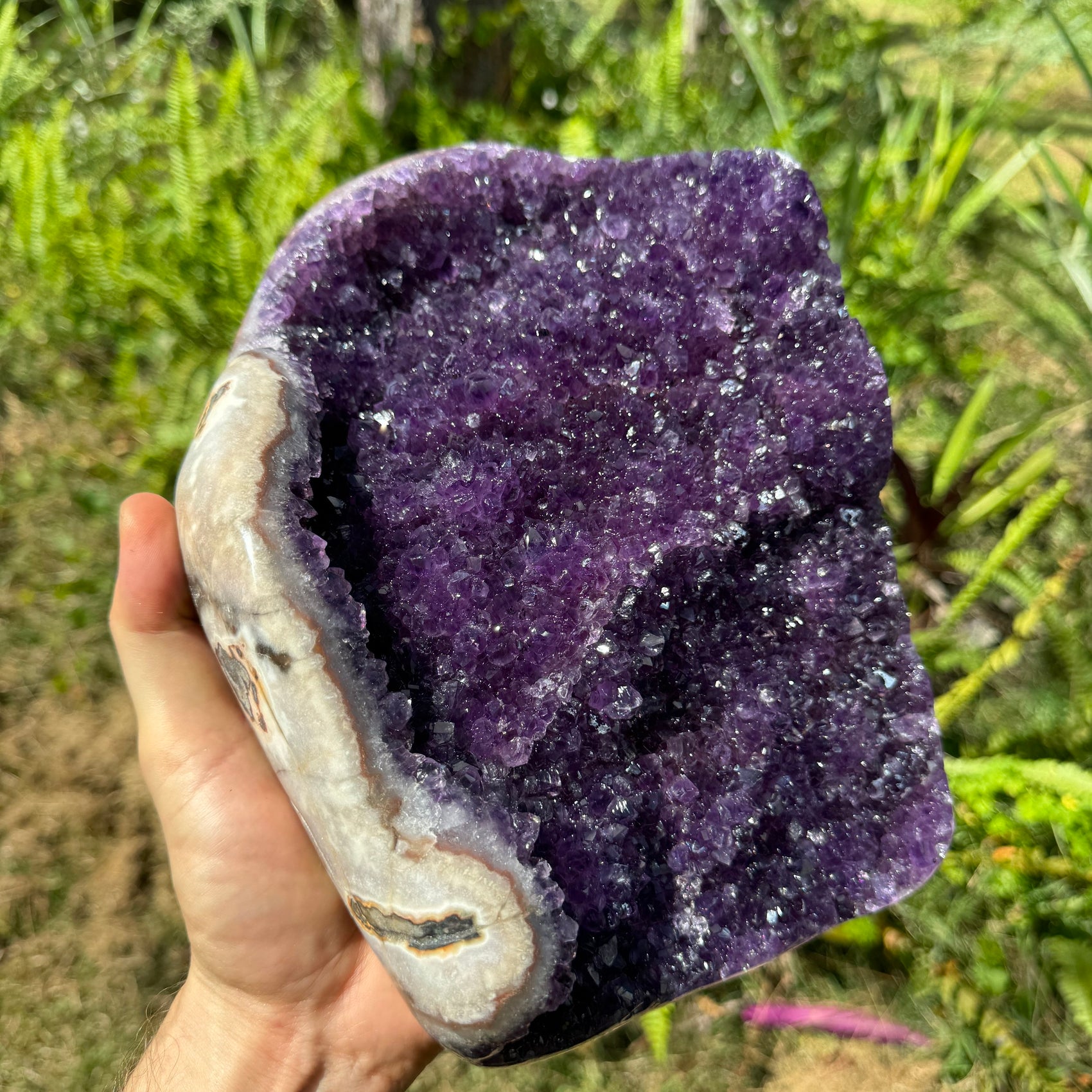 Hand-scale shot of one Amethyst raw geode for scale, from Artigas, Uruguay.