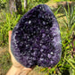 Lifestyle view of a Amethyst raw geode held against natural backdrop.