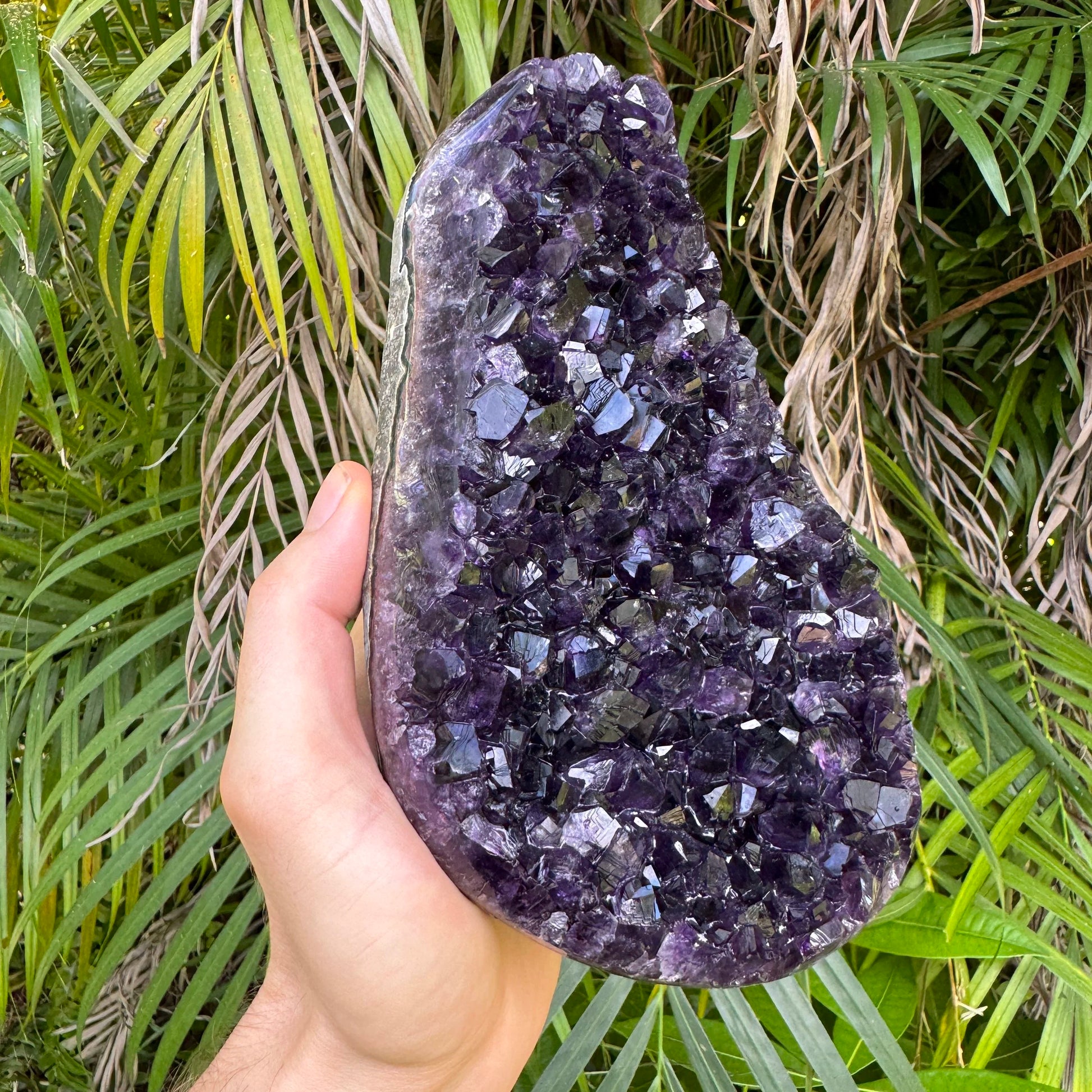 Grade aaa amethyst geode held in hand for size reference