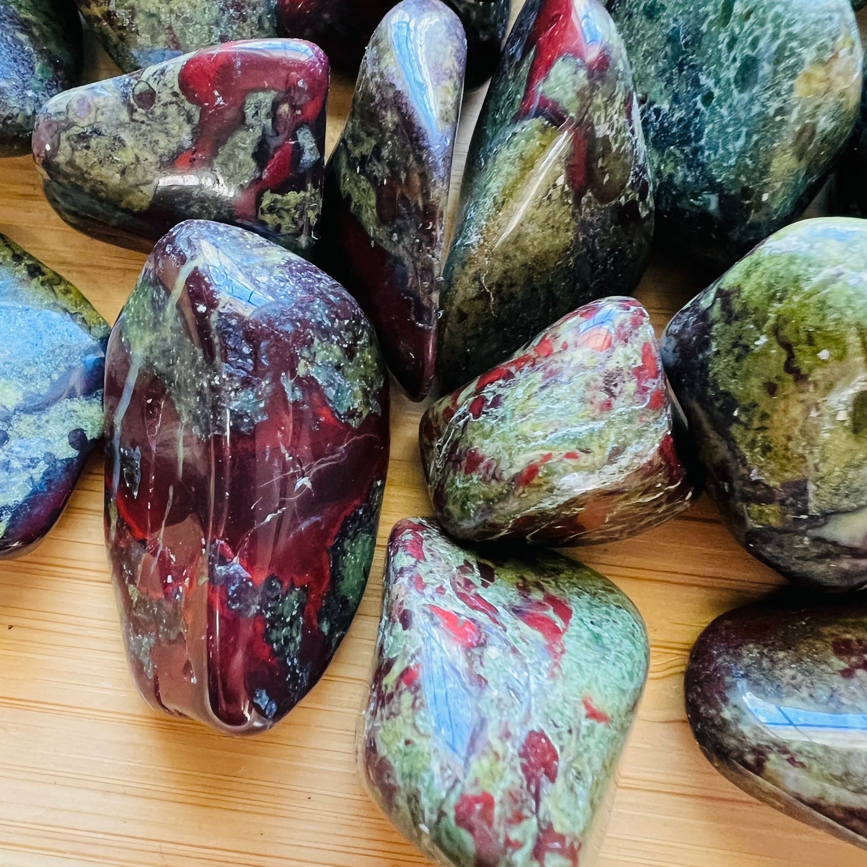 Dragon Bloodstone tumbled stones from South Africa, Green, Red stones for Energy