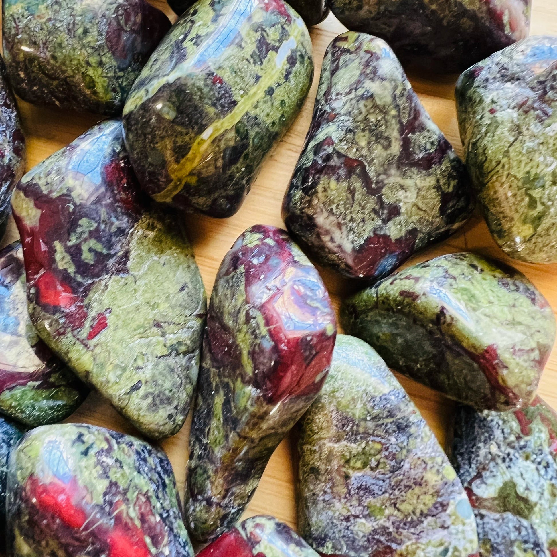 Full profile of Grade AA Dragon Bloodstone tumbled stone ready to ship from Beyond Bohemian