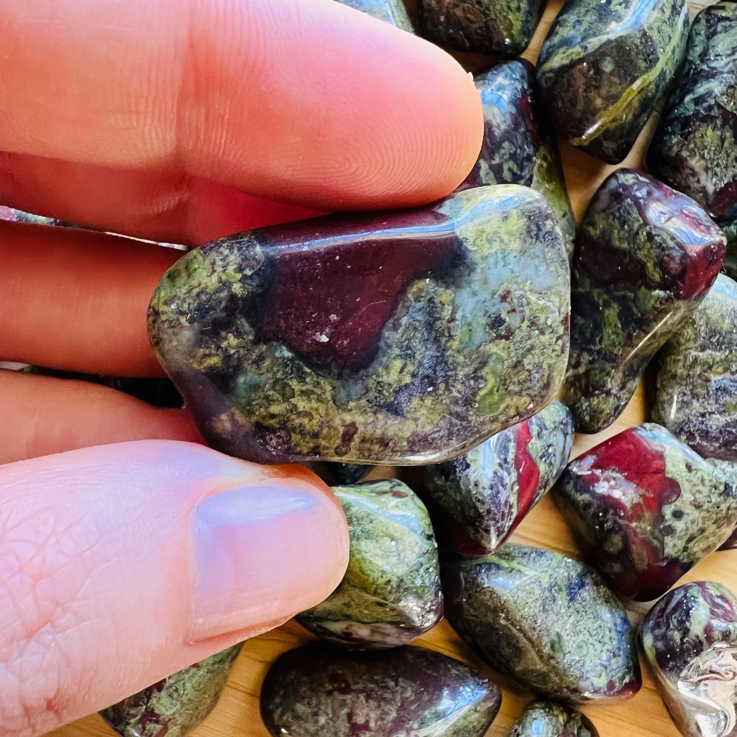 Full profile of Grade AA Dragon Bloodstone tumbled stone ready to ship from Beyond Bohemian