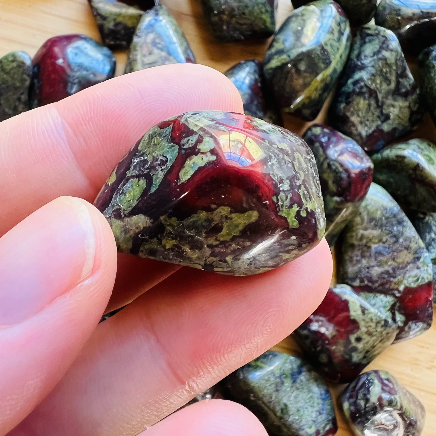 Full profile of Grade AA Dragon Bloodstone tumbled stone ready to ship from Beyond Bohemian