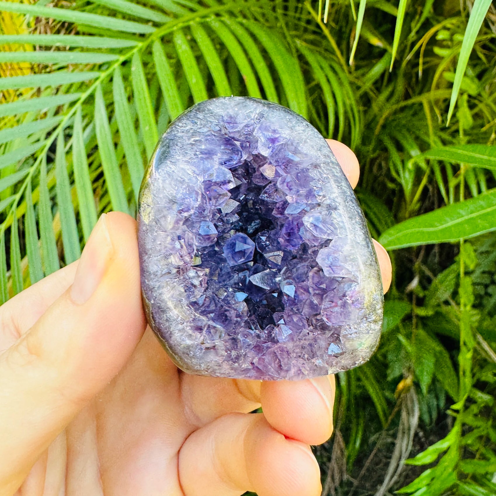 Lifestyle view of a single Amethyst raw geode from Artigas, Uruguay.