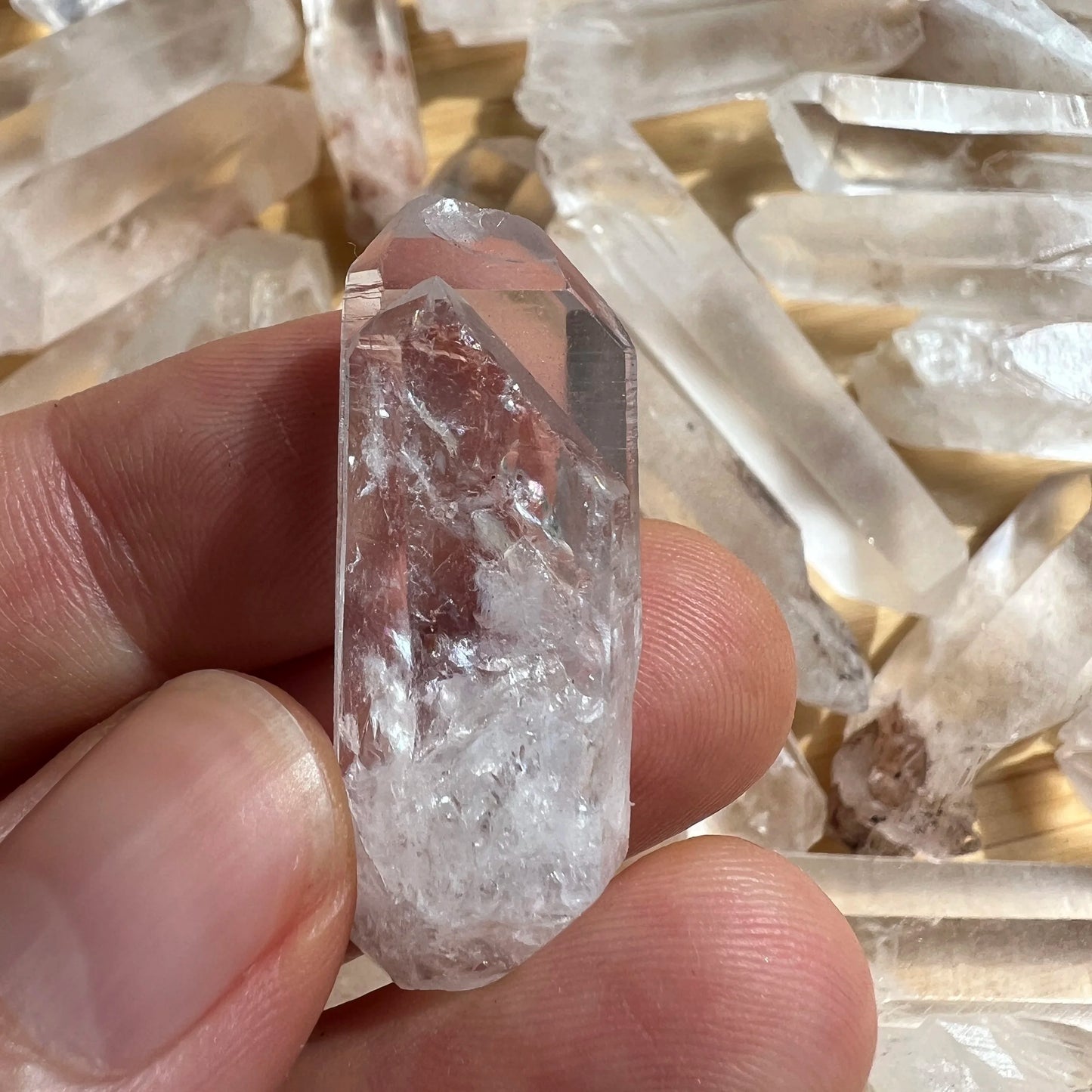 Detail shot of Grade A Clear Quartz point under natural light