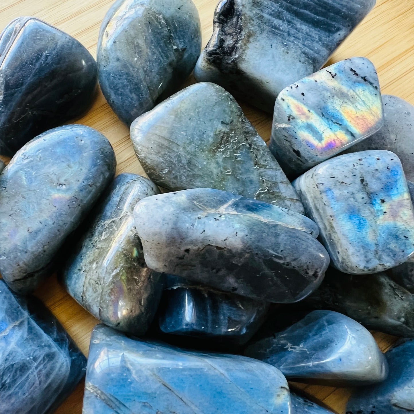 Alternate side of Labradorite tumbled stone, from Atsimo-Andrefana, Madagascar.