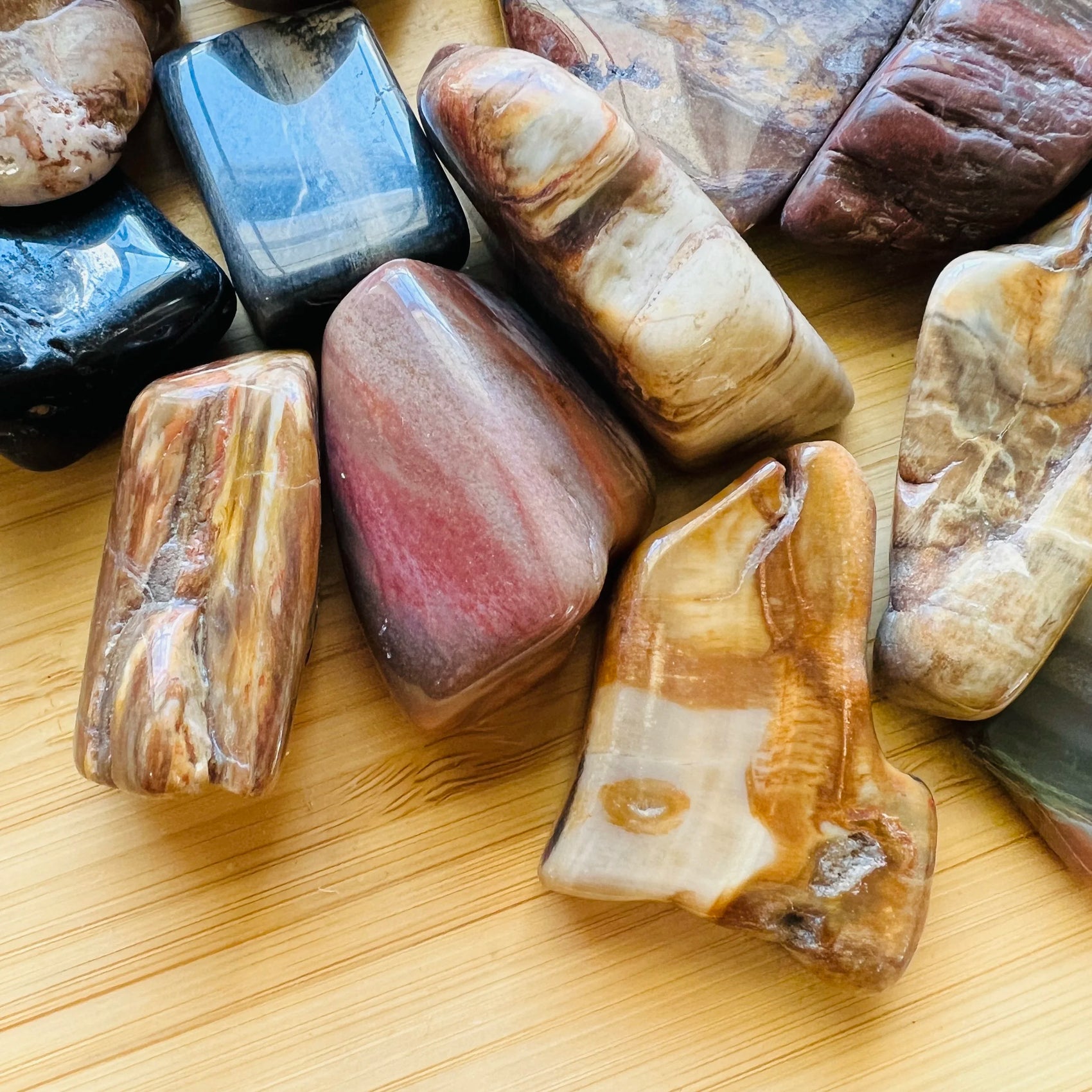 Close-up of Petrified Wood tumbled stone from Madagascar, soothing wellness stone for Stress Relief