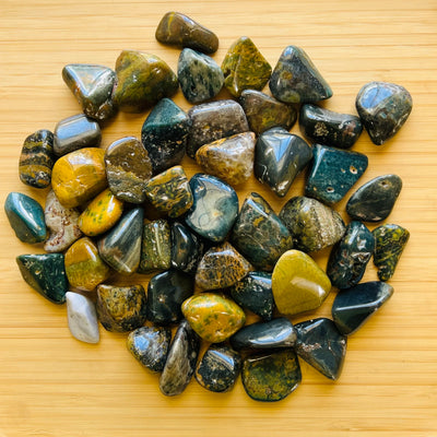 Ocean Jasper tumbled stone in Green, Pink tones, ethically sourced from Madagascar for Emotional Healing and Stress Relief