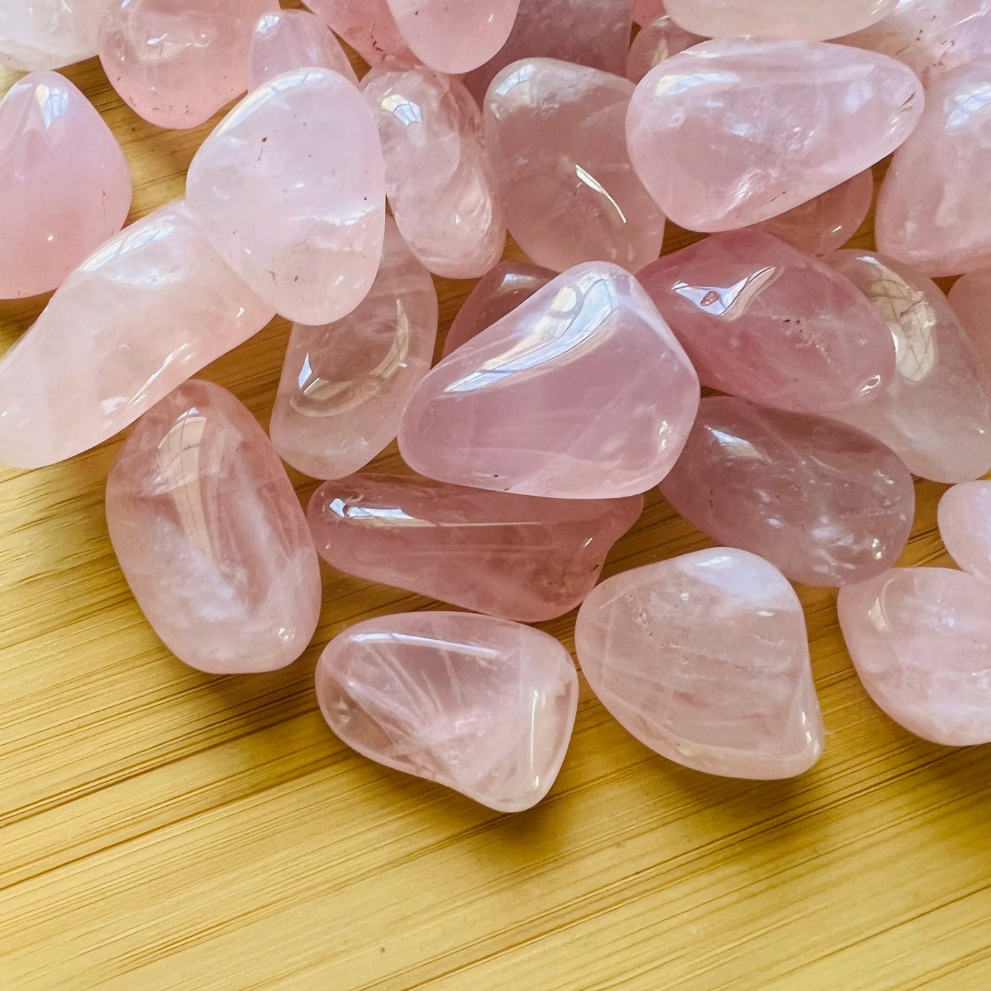 Full profile of Grade AA Rose Quartz tumbled stone ready to ship from Beyond Bohemian