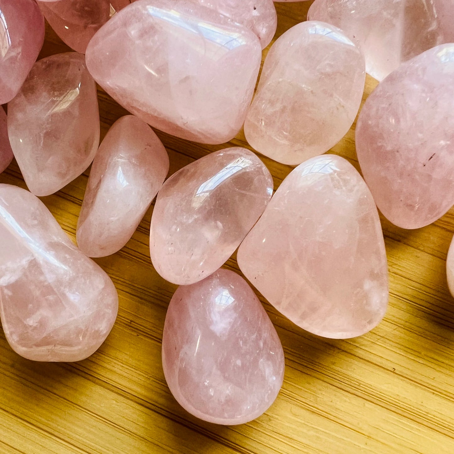 Full profile of Grade AA Rose Quartz tumbled stone ready to ship from Beyond Bohemian