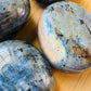 Up-close view of Labradorite palm stone, from Madagascar.