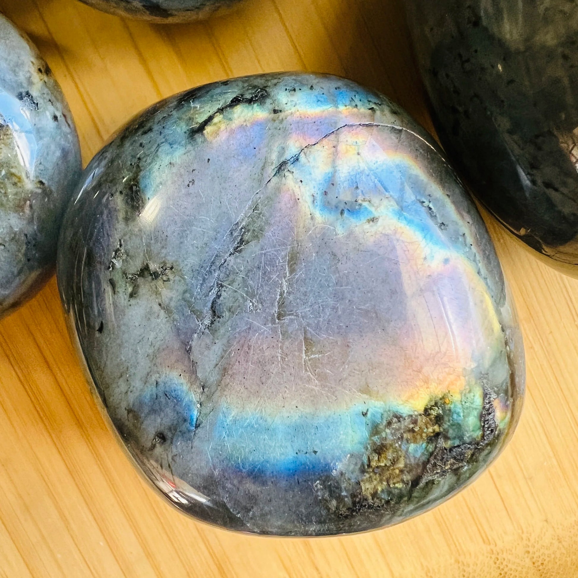 Sideways view of Labradorite palm stone, from Atsimo-Andrefana, Madagascar.