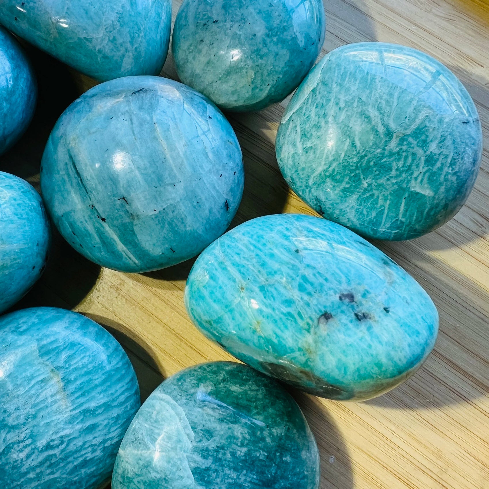 Handheld Amazonite palm stone from Madagascar for meditation, Emotional Healing and Stress Relief