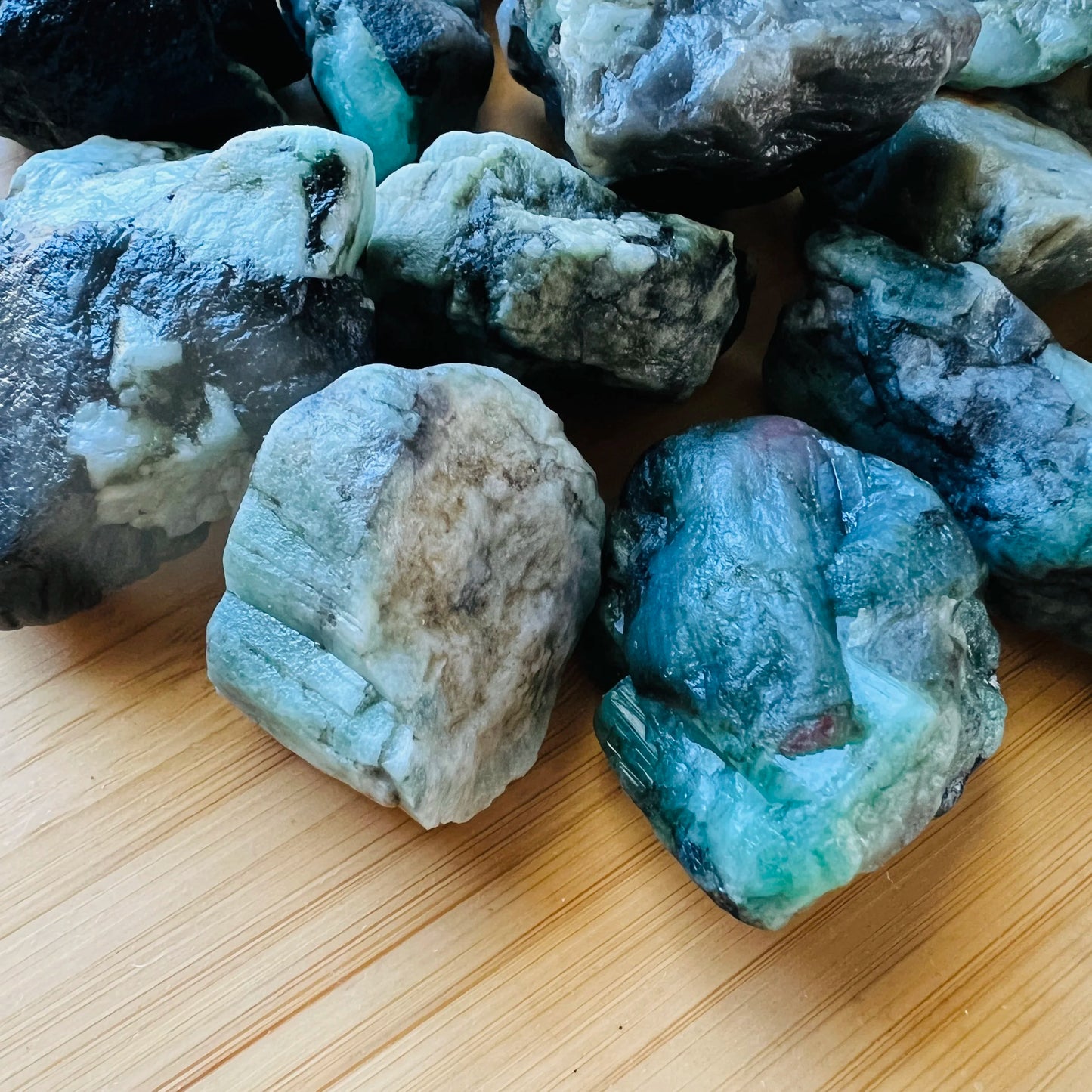 Opposite side of Emerald raw stone, drawn on for Love, hand-selected from Bahia, Brazil.