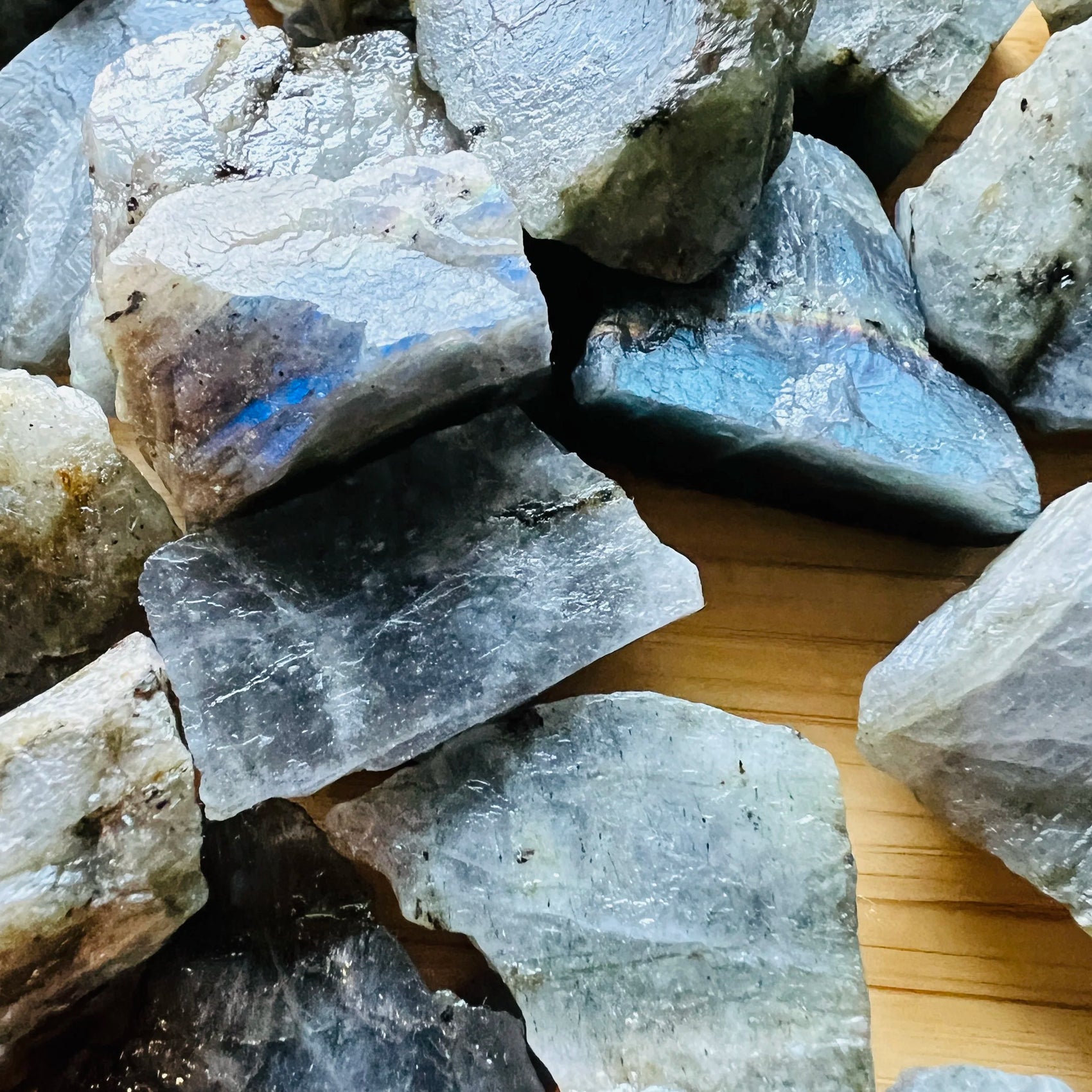Reverse side of Labradorite raw stone, sourced from Madagascar, showing subtle veining.