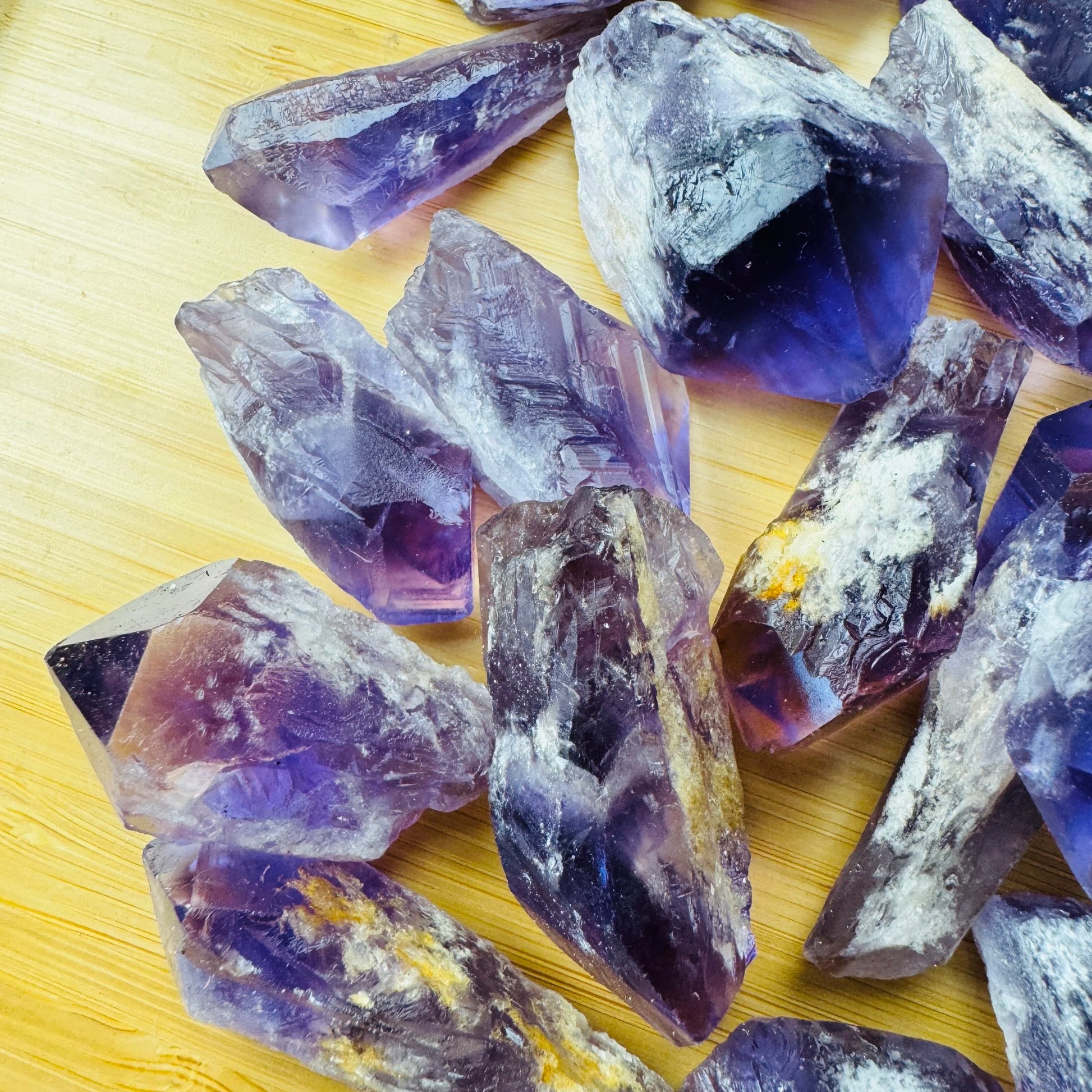 Underside detail of Amethyst raw point, sourced from Brazil, showing raw matrix.