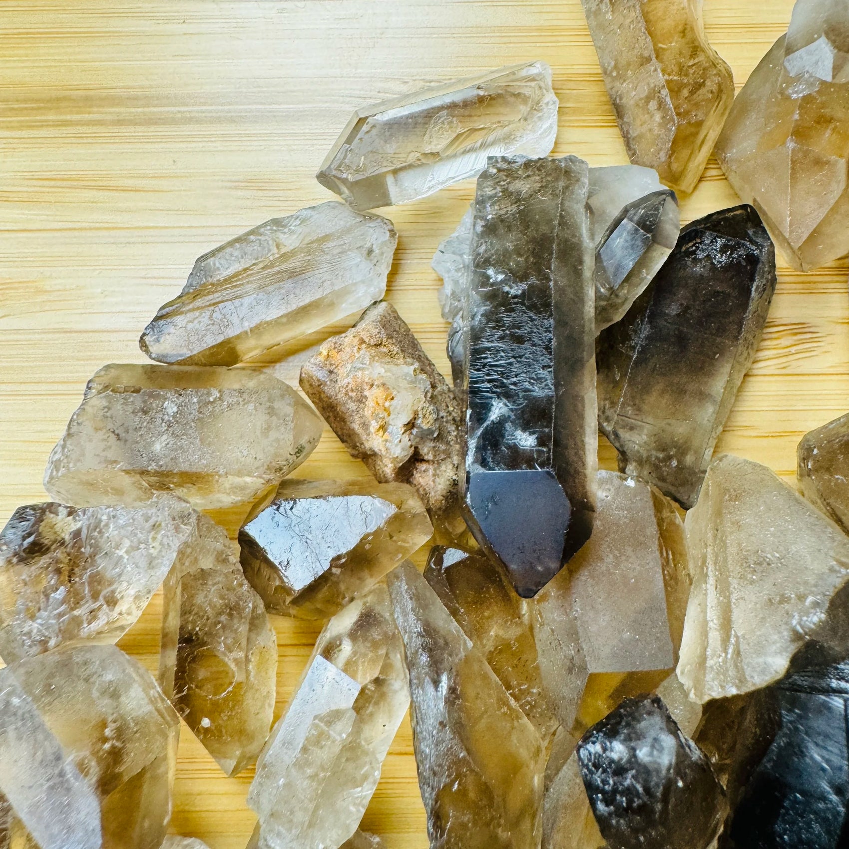 Looking down on Smoky Quartz raw point, showing open form.