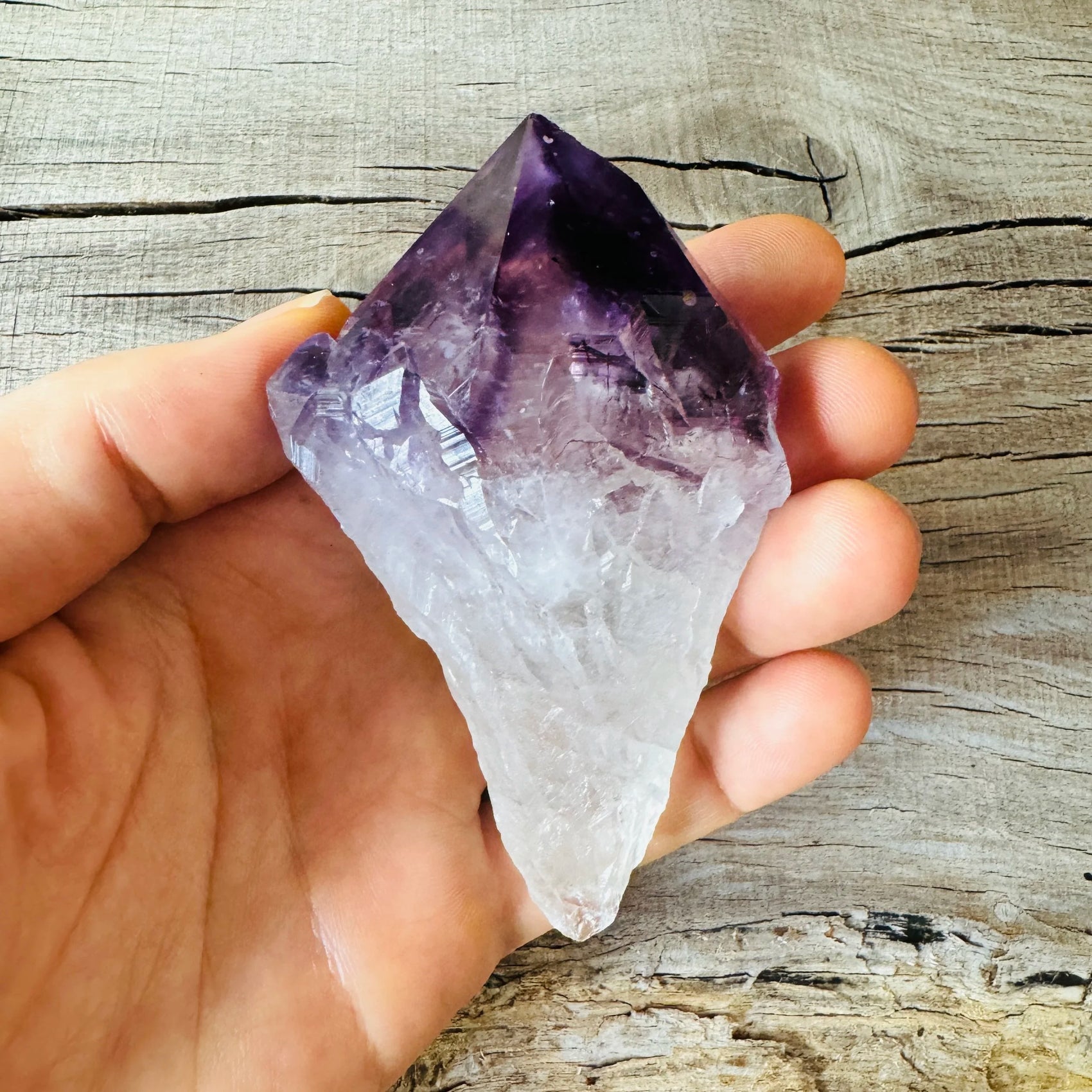 Detail capture of Amethyst raw point, hand-selected from Rio Grande do Sul, Brazil, traditionally used for Stress Relief.