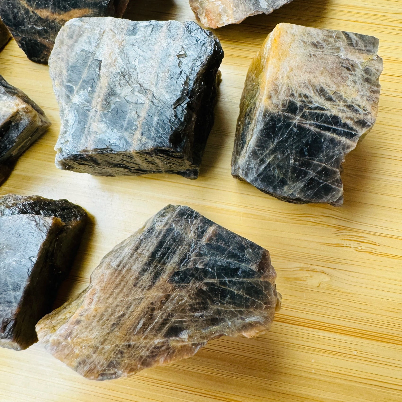 Profile view of Black Moonstone raw stone, Madagascar-sourced.