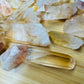 Edge-on view of Lemurian Quartz raw point, sourced from Minas Gerais, Brazil.