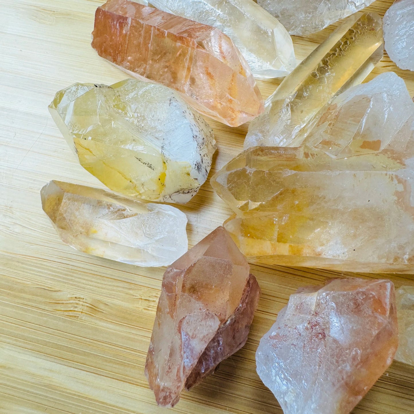 Plan view of Lemurian Quartz raw point, showing natural form.