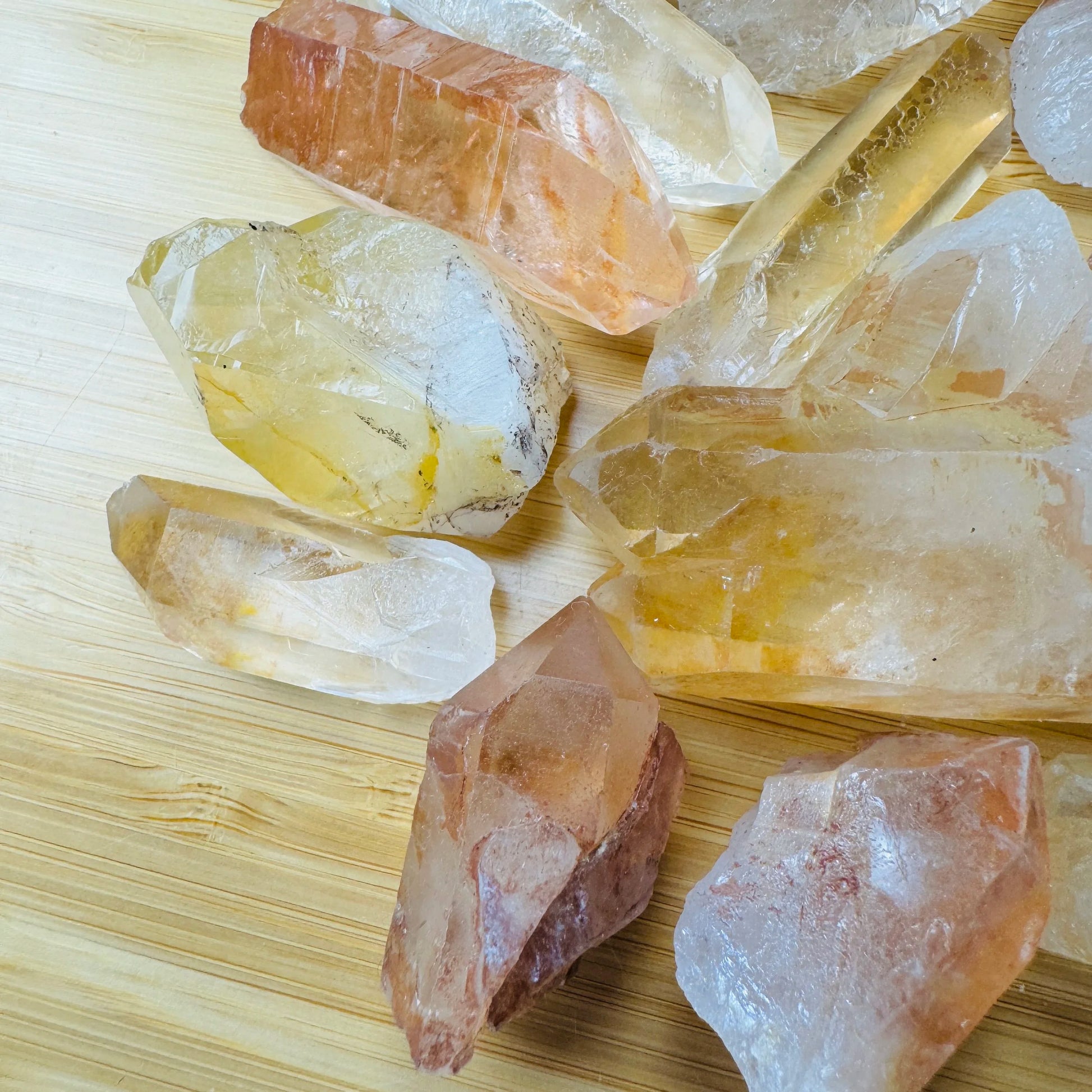 Plan view of Lemurian Quartz raw point, showing natural form.