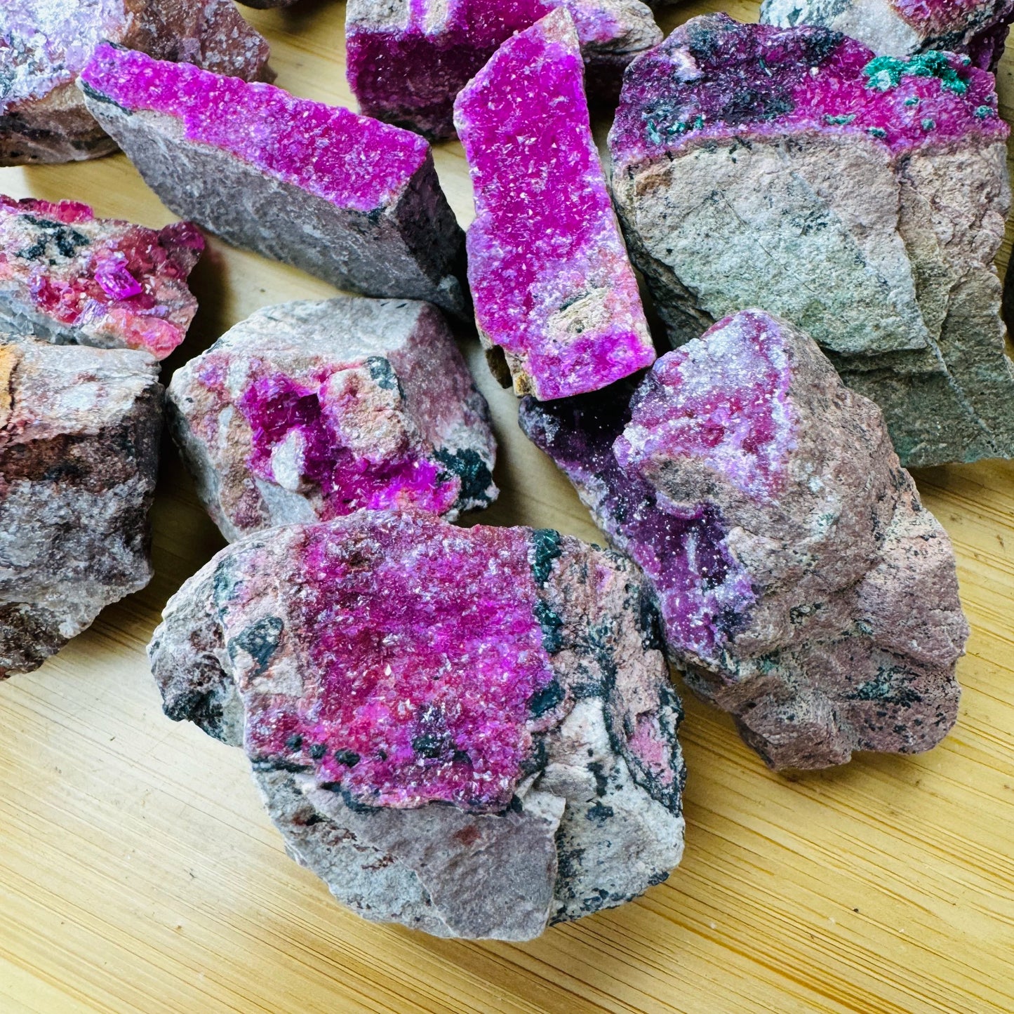 Up-close view of Grade AA Cobalt Calcite raw stone, Democratic Republic of the Congo-sourced, worked with for Love.