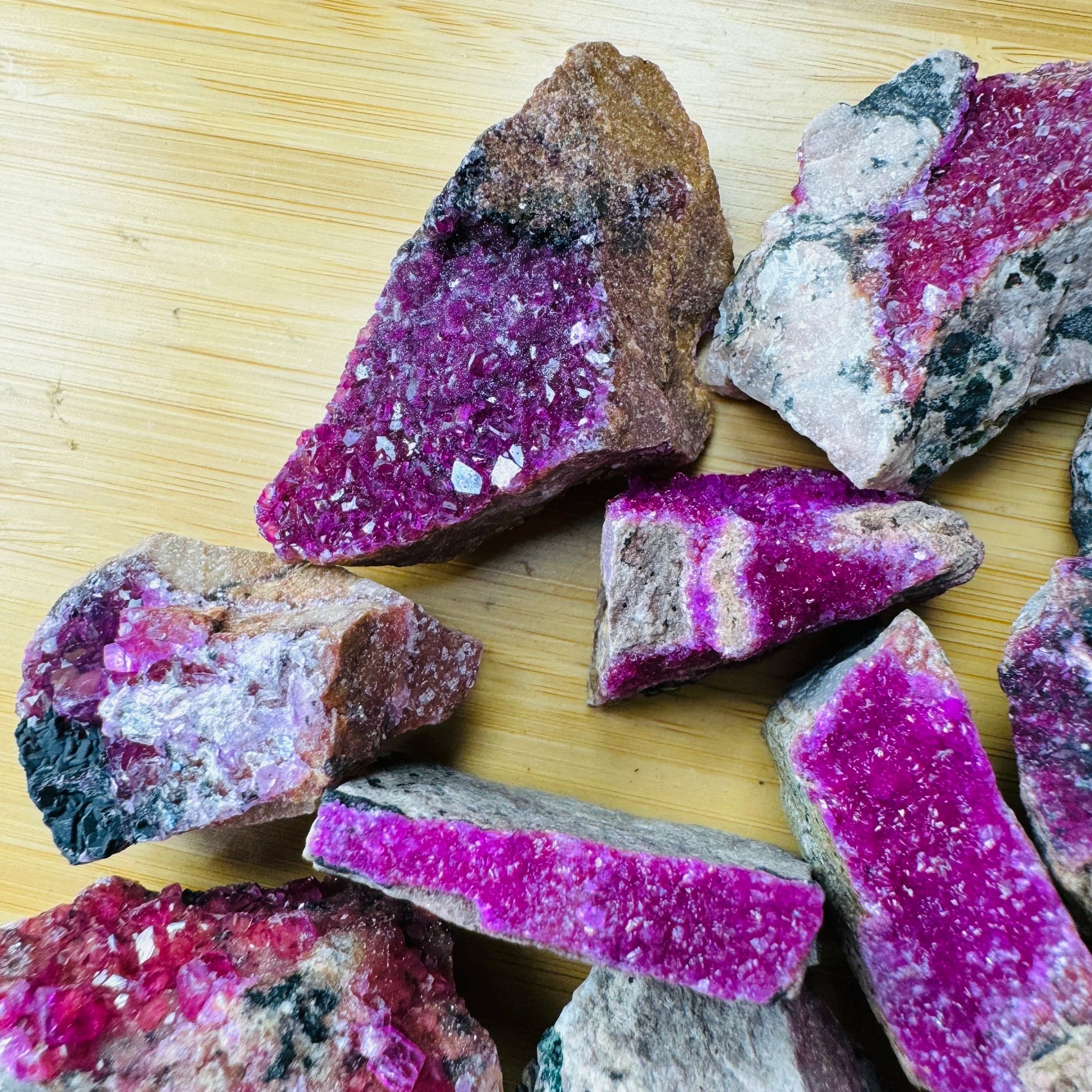 Top-down shot of Cobalt Calcite raw stone, showing subtle veining.