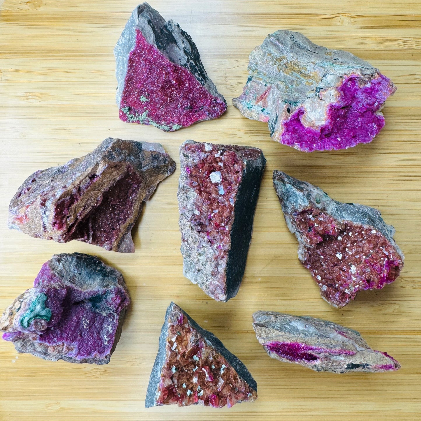 Detail shot of Grade AA Cobalt Calcite raw under natural light