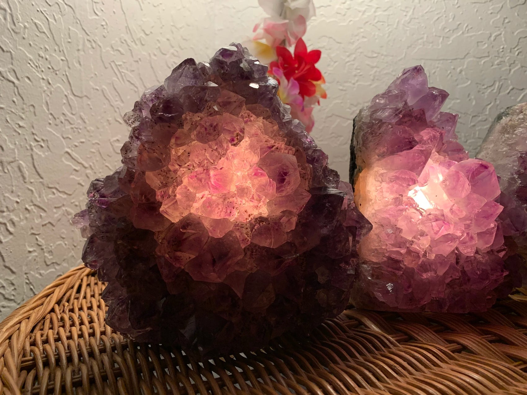 Detail shot of Grade A Amethyst polished crystals & decor under natural light