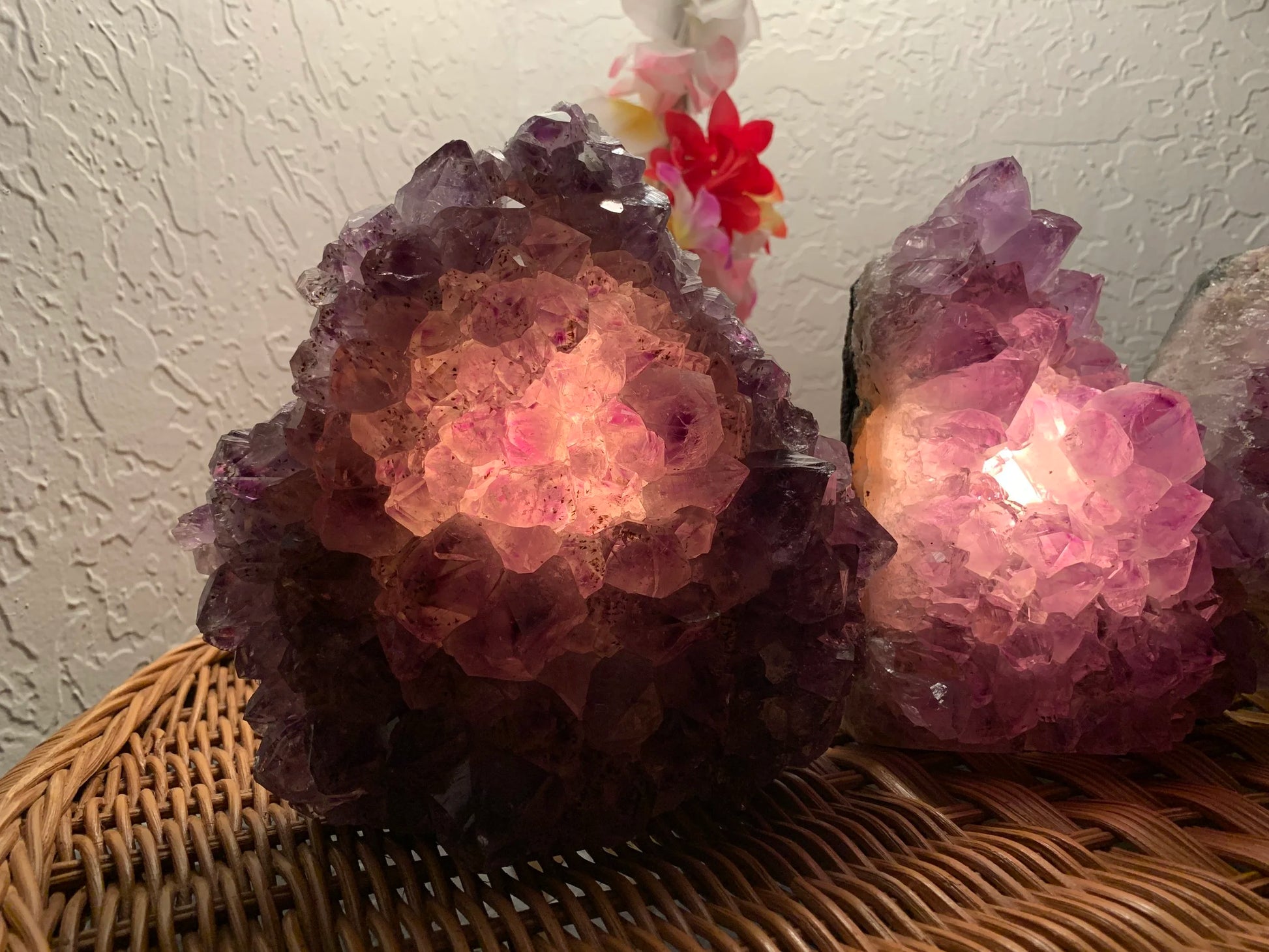Detail shot of Grade A Amethyst polished crystals & decor under natural light