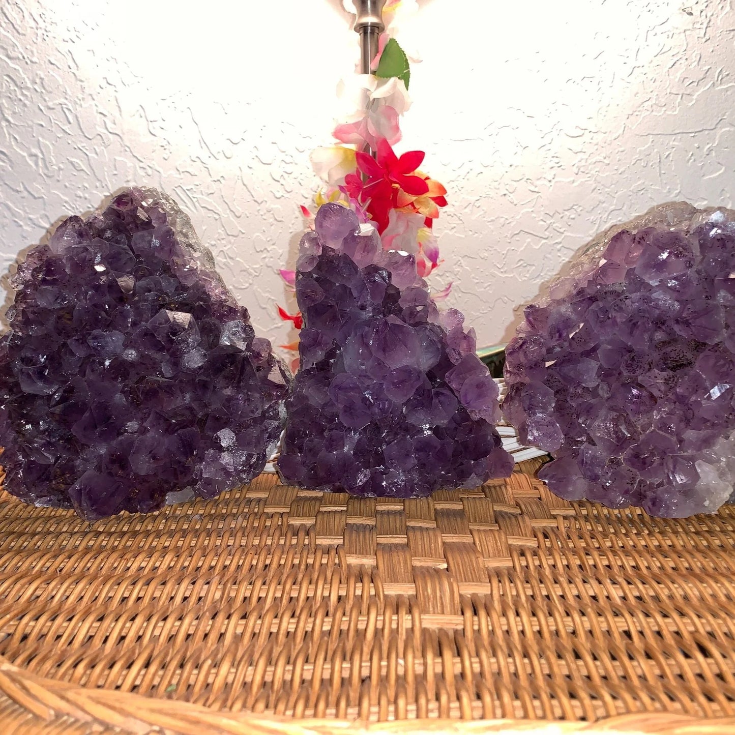 Edge view of Grade A Amethyst crystal lamp, sourced from Rio Grande do Sul, Brazil, showing characteristic patterning.