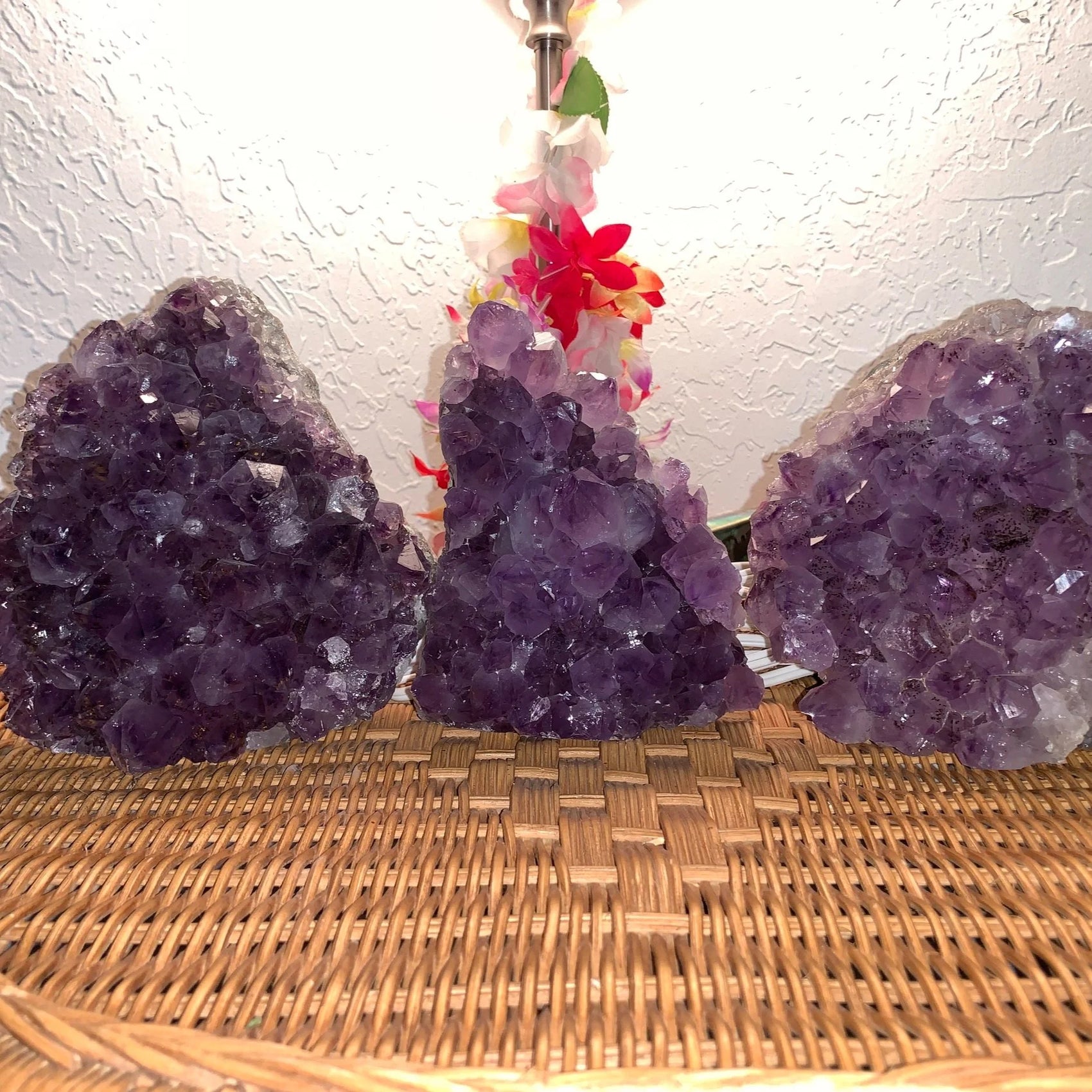 Edge view of Grade A Amethyst crystal lamp, sourced from Rio Grande do Sul, Brazil, showing characteristic patterning.