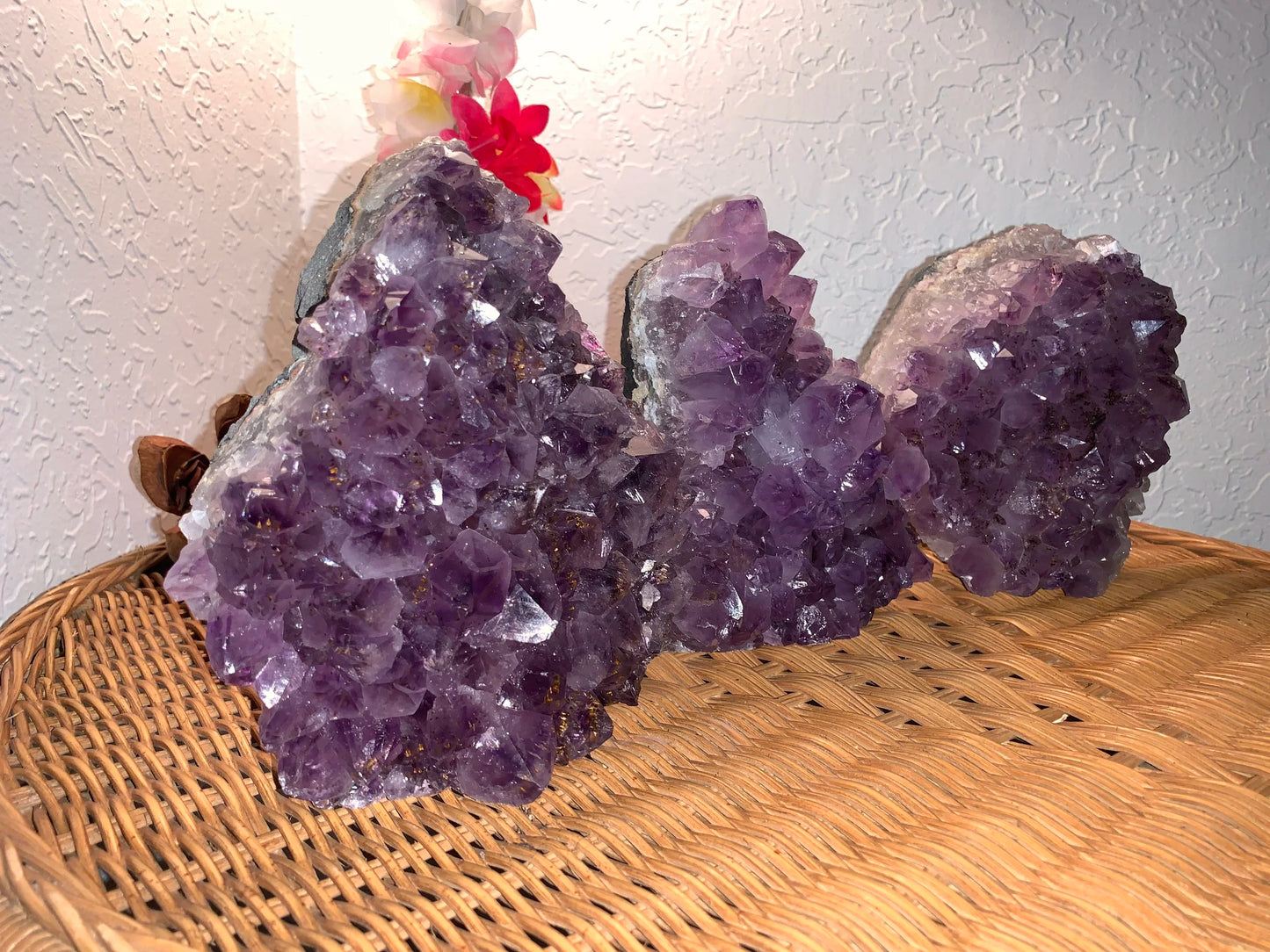 Back view of Grade A Amethyst polished crystals & decor showing natural surface
