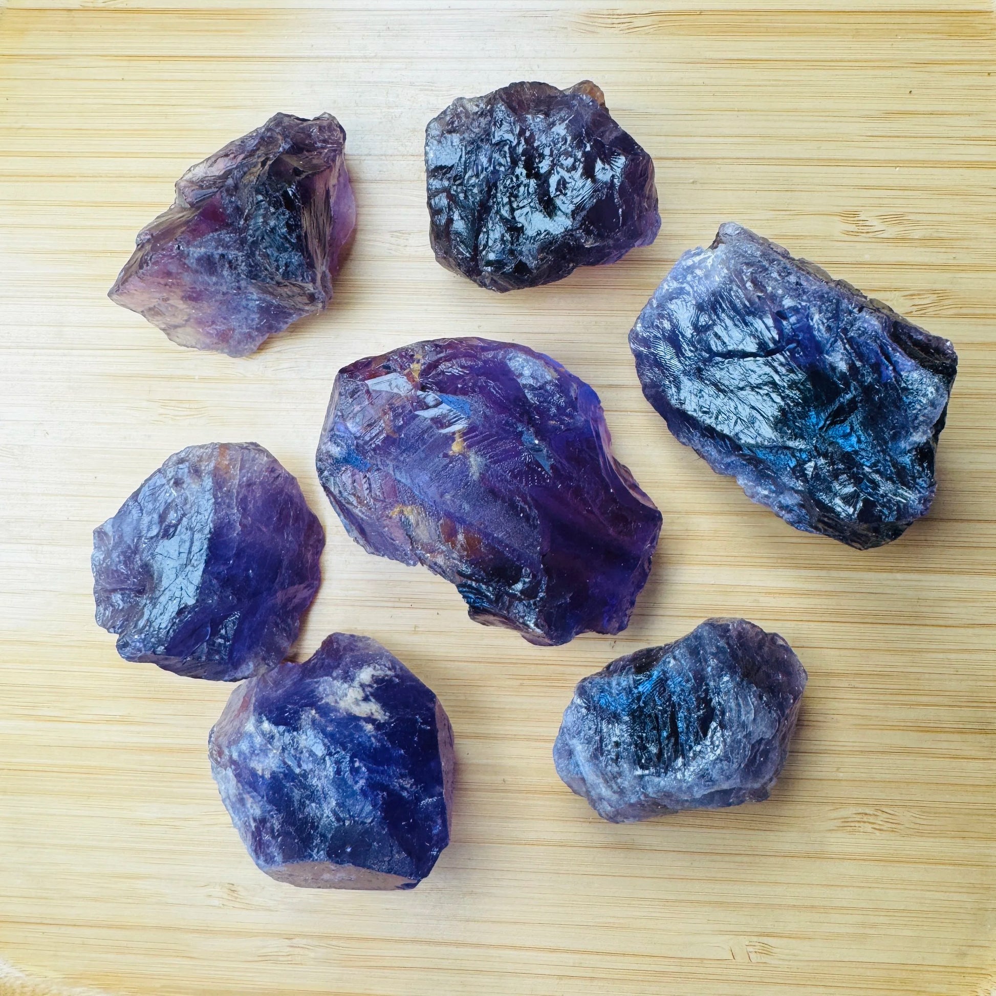 Up-close view of Amethyst raw stone, from Brazil, showing subtle veining.