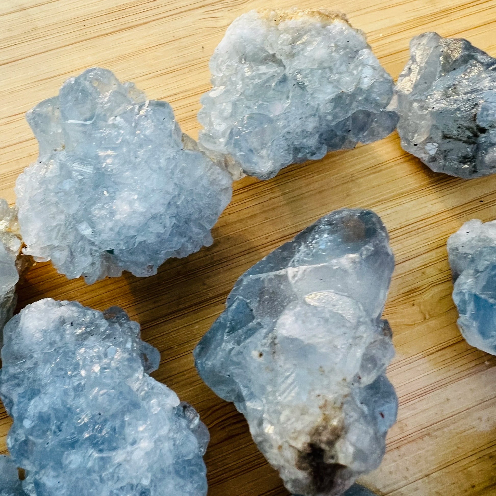 Plan view of blue Celestite raw stone, Madagascar-sourced.