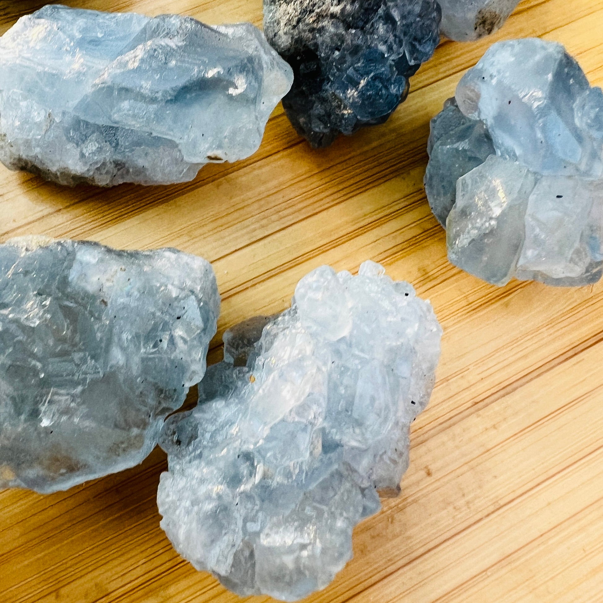 Full profile of Grade AA Celestite raw ready to ship from Beyond Bohemian