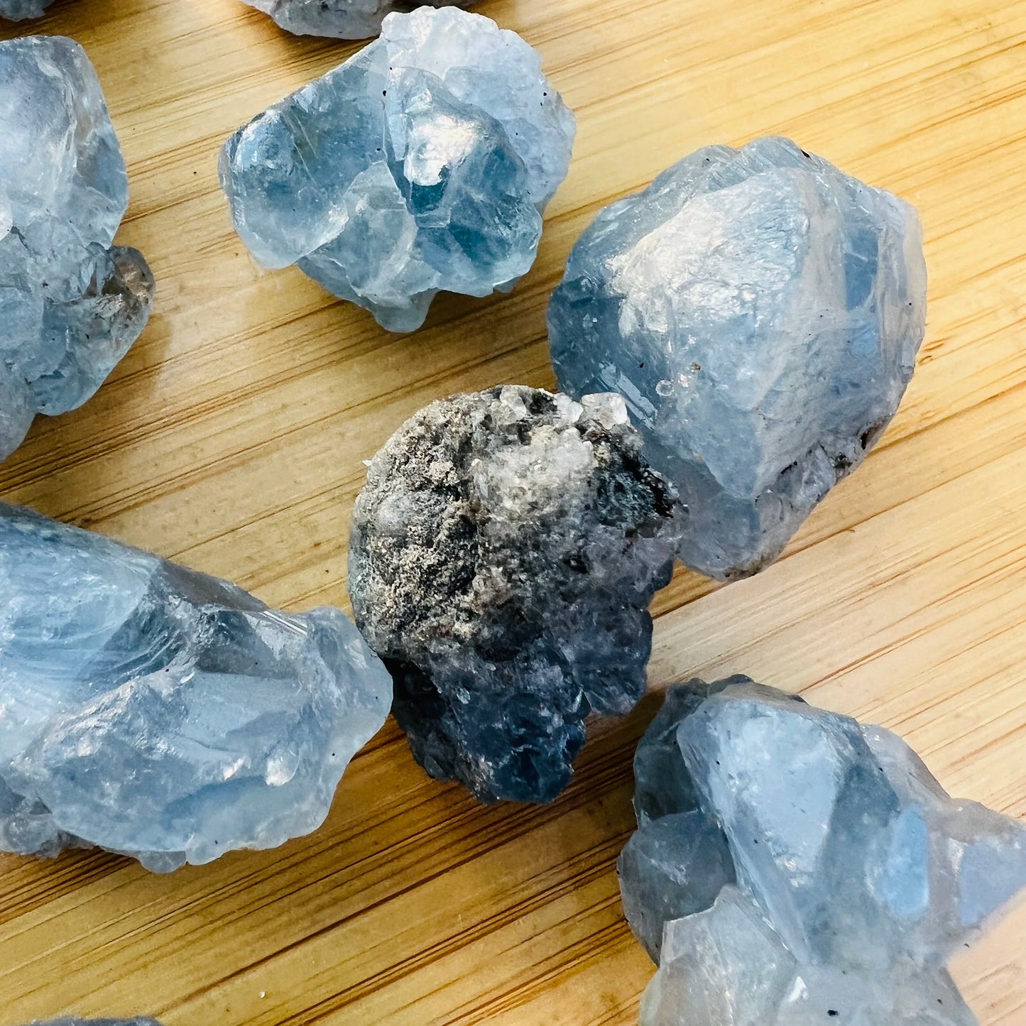 Underside view of Celestite raw stone, from Sakoany, Madagascar.